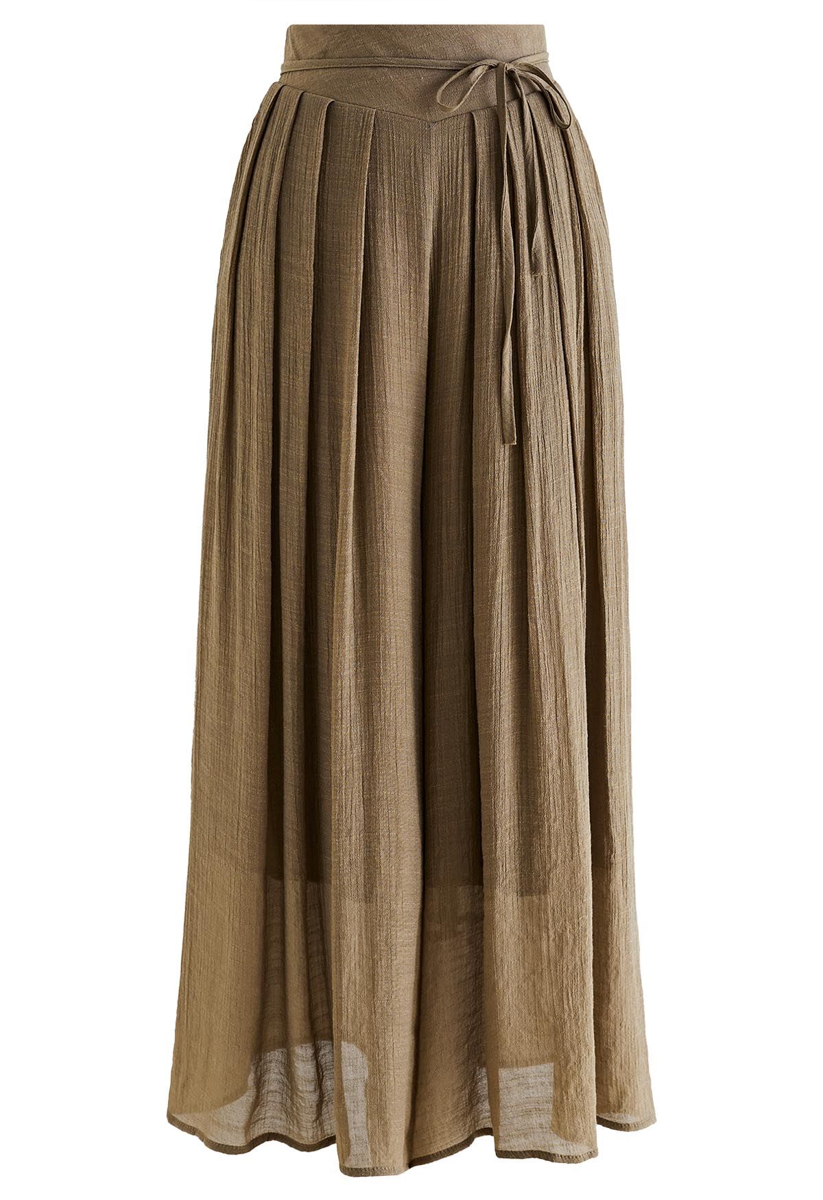 Tie Waist Pleated Wide-Leg Pants in Moss Green