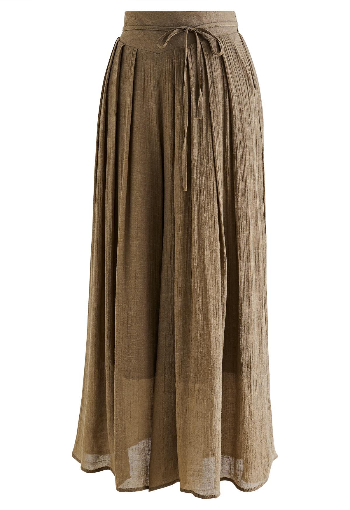 Tie Waist Pleated Wide-Leg Pants in Moss Green