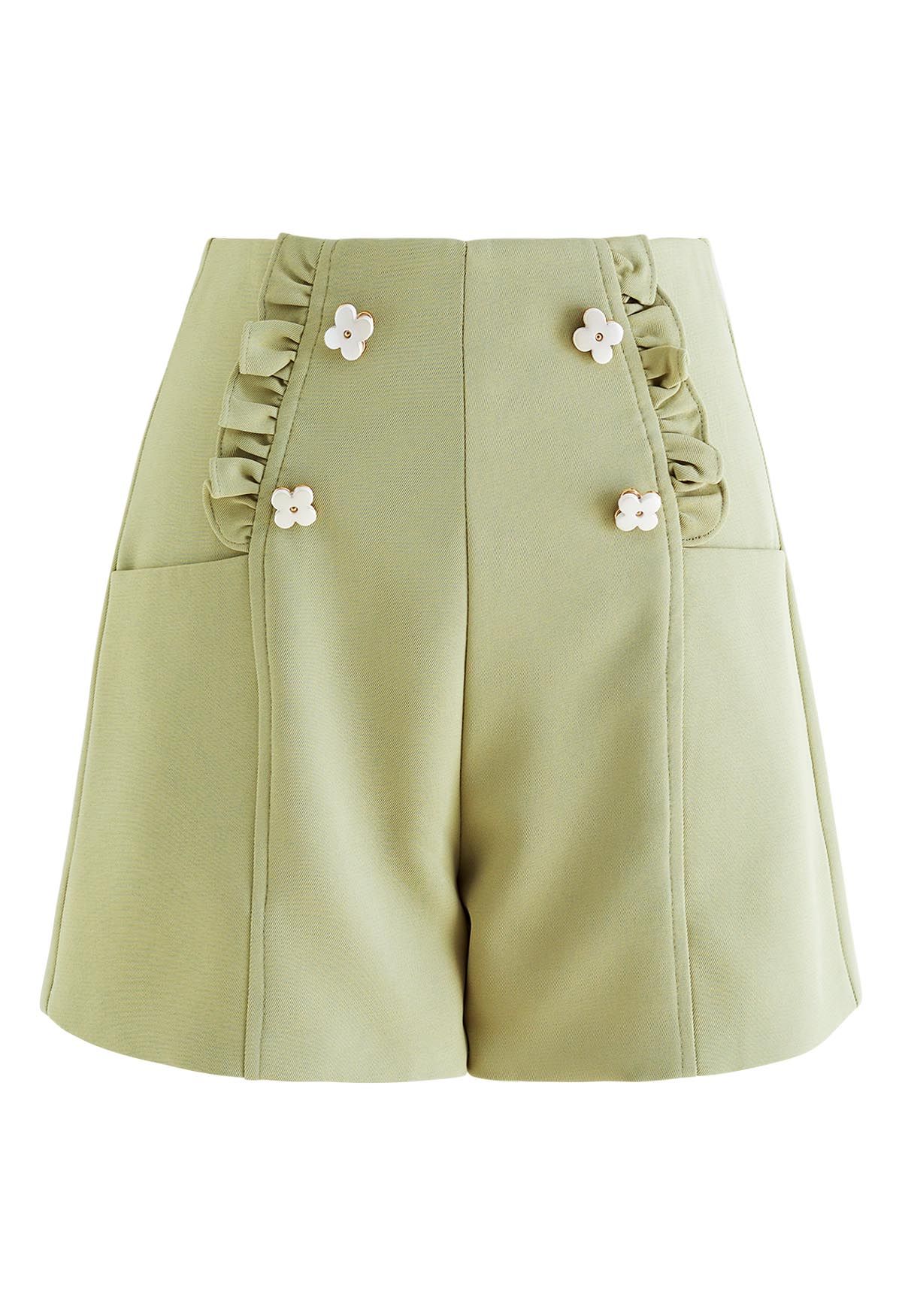 Adorable Flower Ruffle Trim Shorts in Pea Green