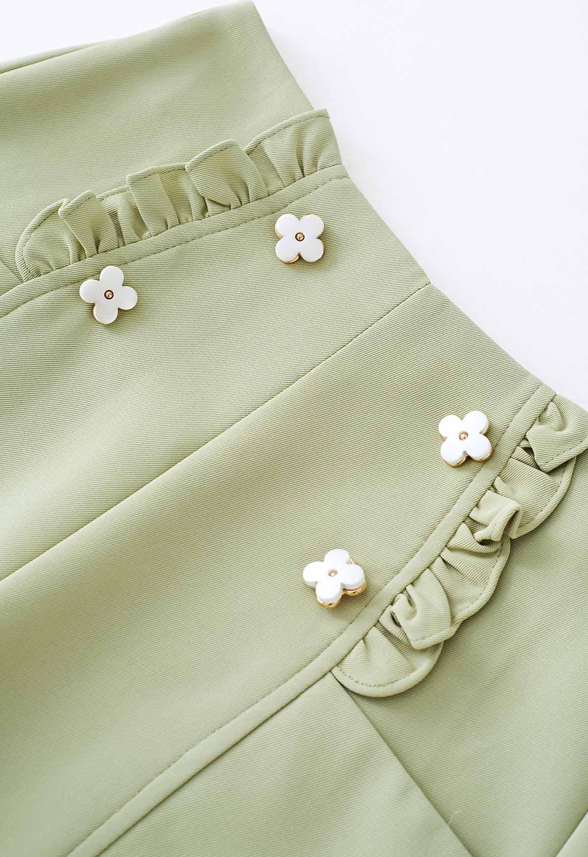 Adorable Flower Ruffle Trim Shorts in Pea Green