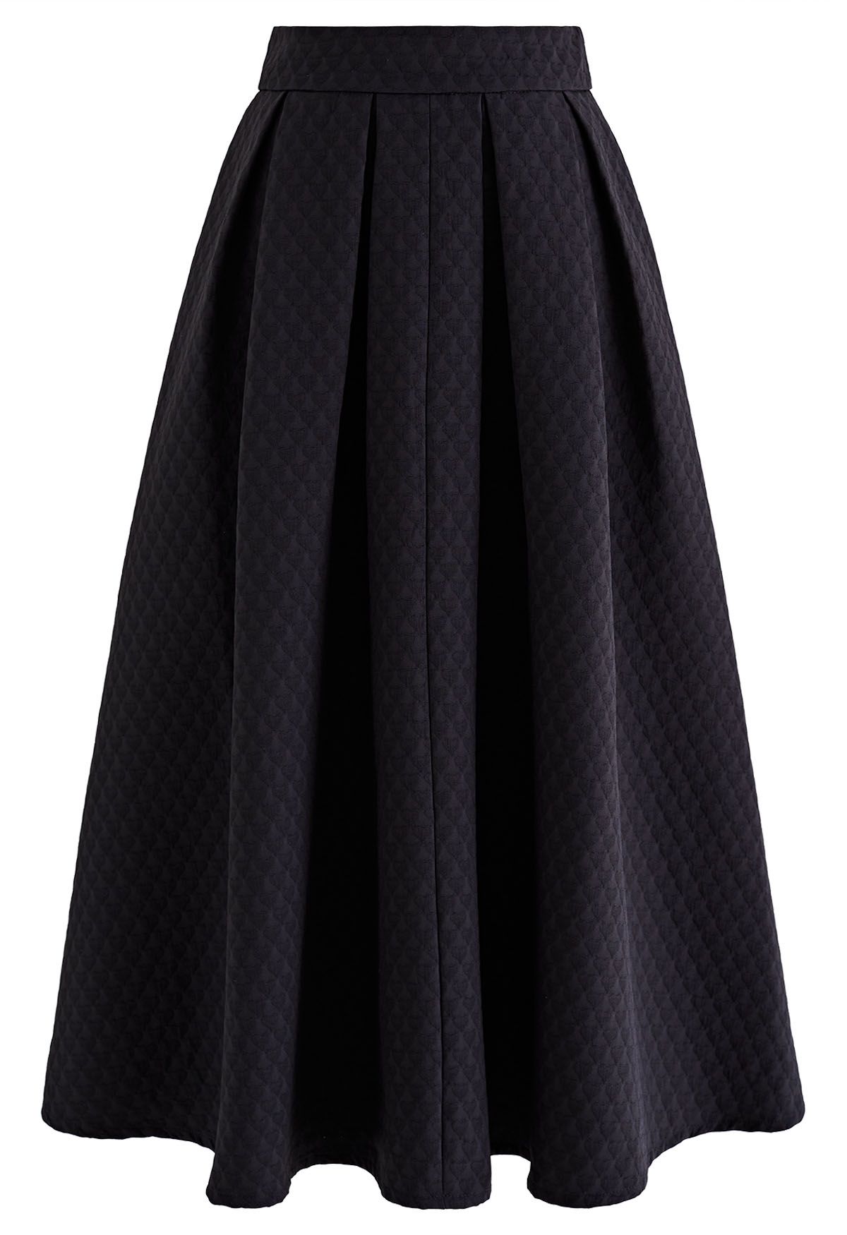Embossed Heart Texture Pleated Midi Skirt in Black
