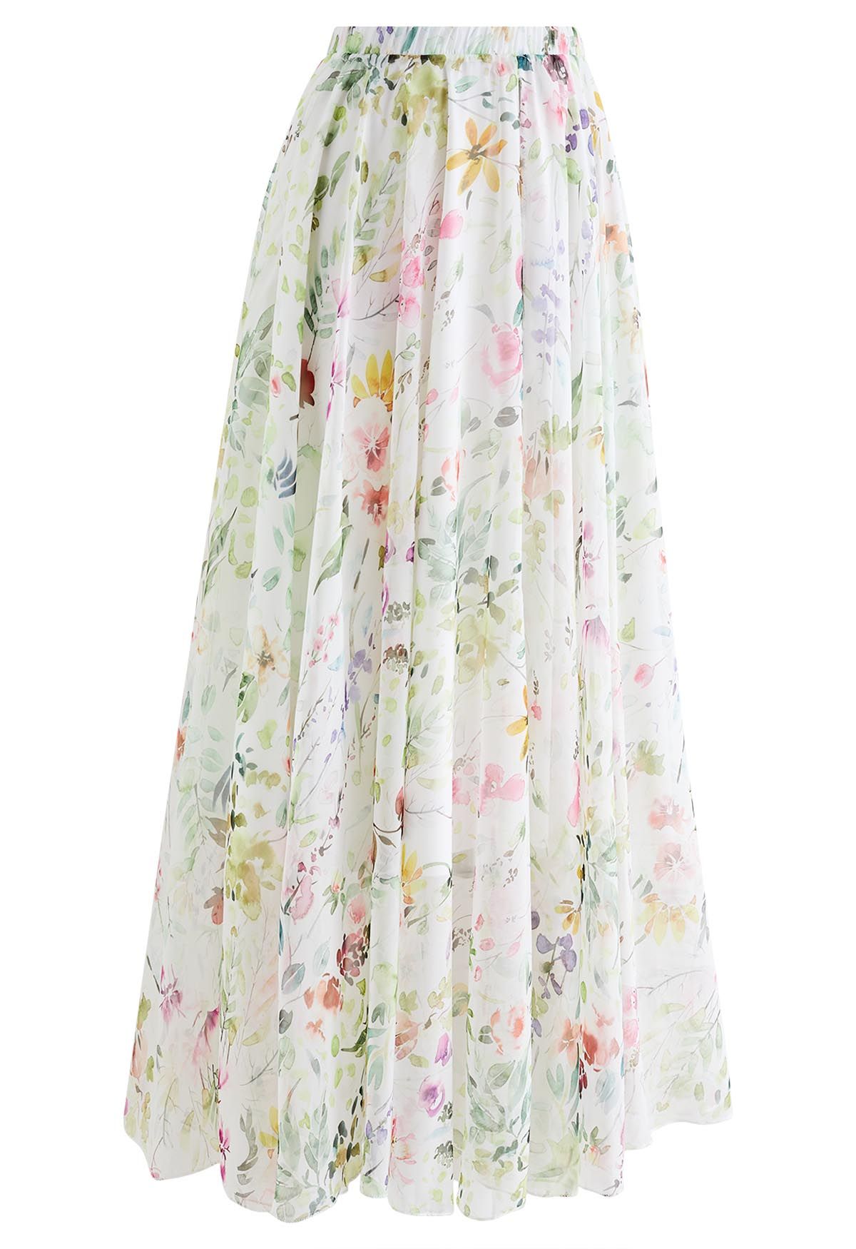 Watercolor Wild Flowers Printed Chiffon Maxi Skirt