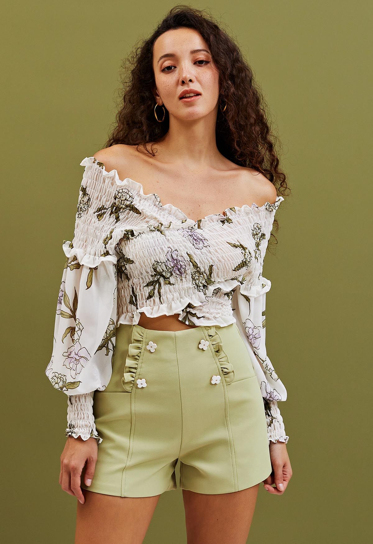 Ruffle Cross Off-Shoulder Floral Crop Top in White