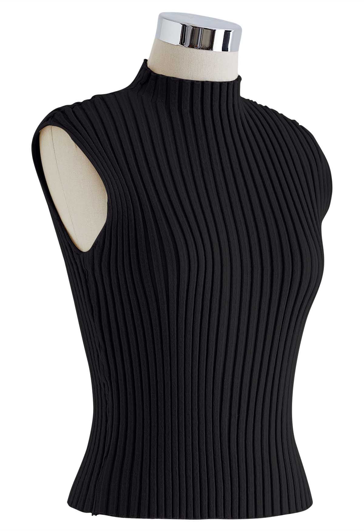 Mock Neck Sleeveless Rib Knit Top in Black