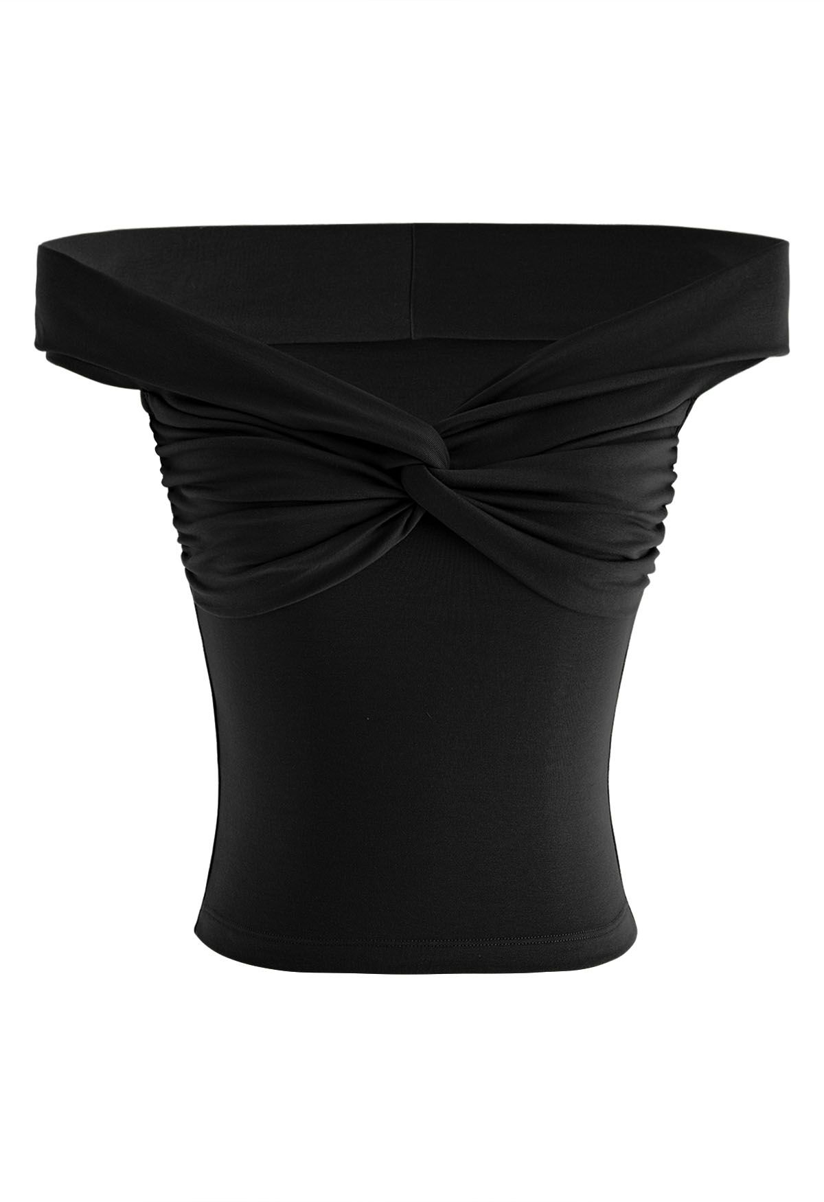 Twist Front Off-Shoulder Fitted Crop Top in Black