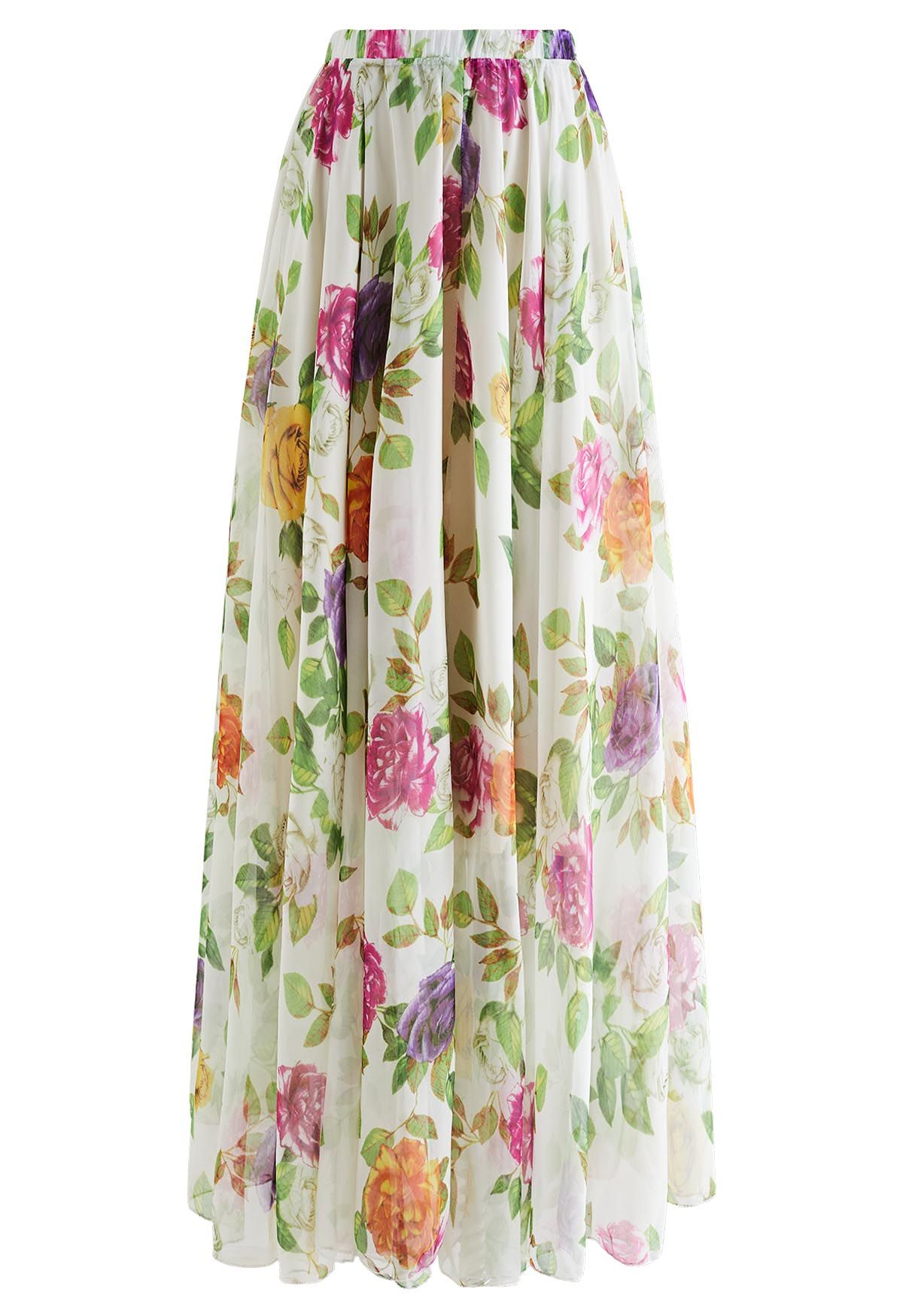 Refreshing Floral Print Chiffon Maxi Skirt