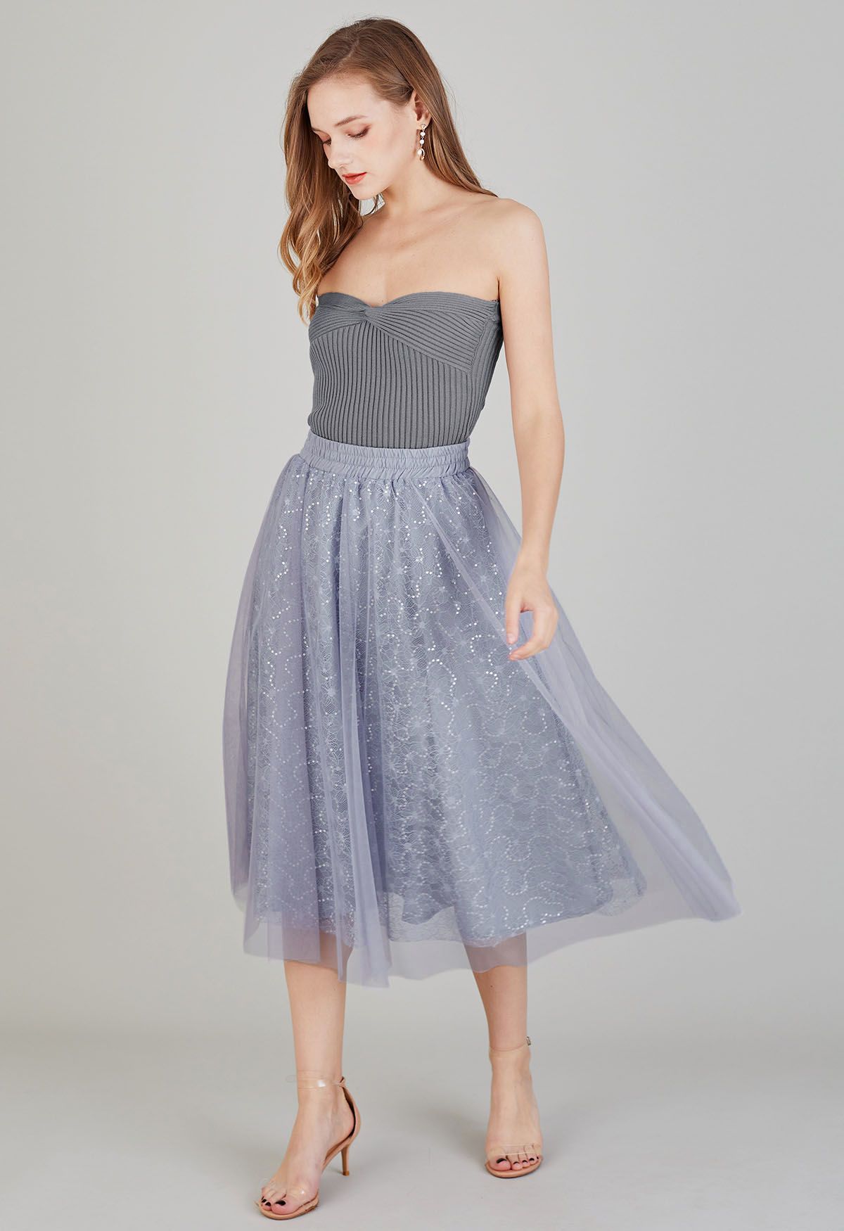 Sequined Floral Lace Mesh Tulle Skirt in Grey