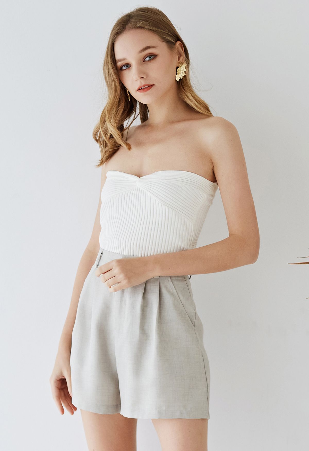 Twist Front Ribbed Knit Tube Crop Top in White