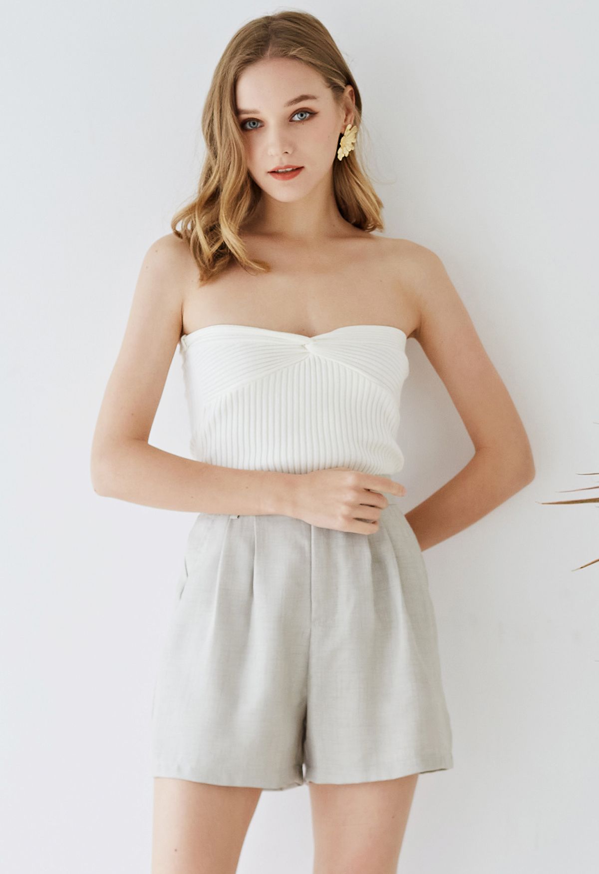 Twist Front Ribbed Knit Tube Crop Top in White