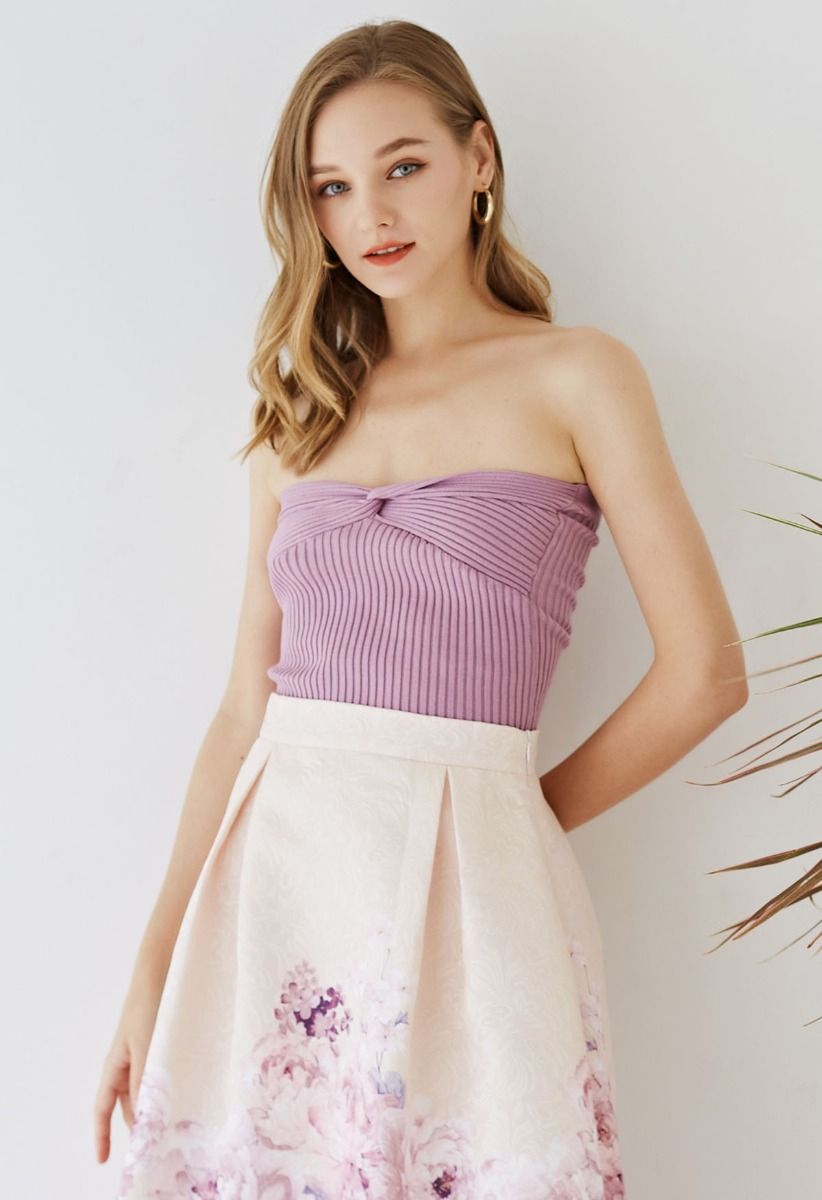 Twist Front Ribbed Knit Tube Crop Top in Lilac