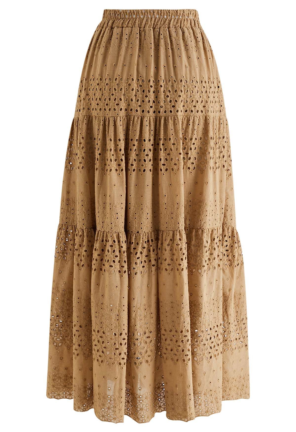 Floret Embroidered Eyelet Cotton Midi Skirt in Tan