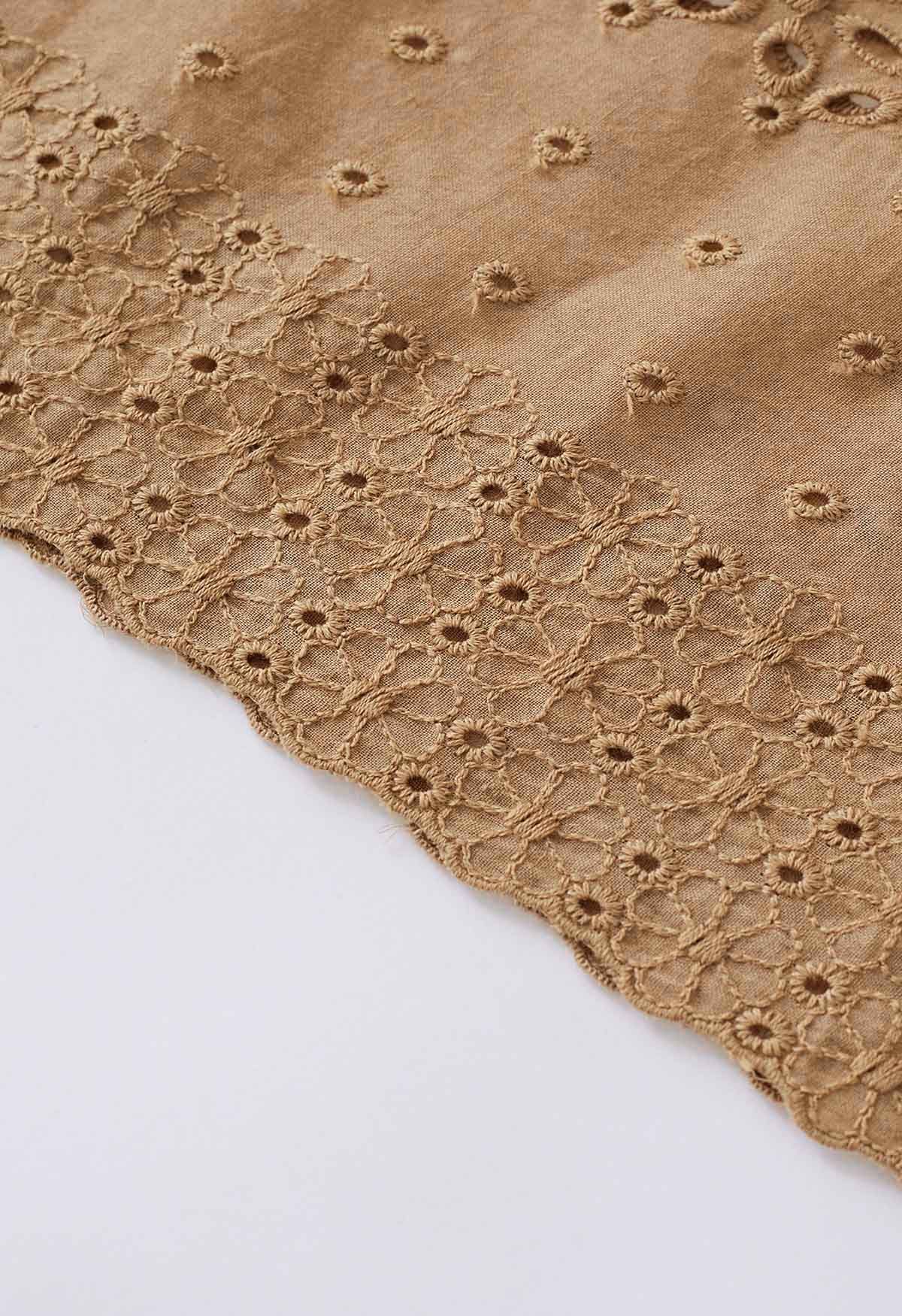 Floret Embroidered Eyelet Cotton Midi Skirt in Tan