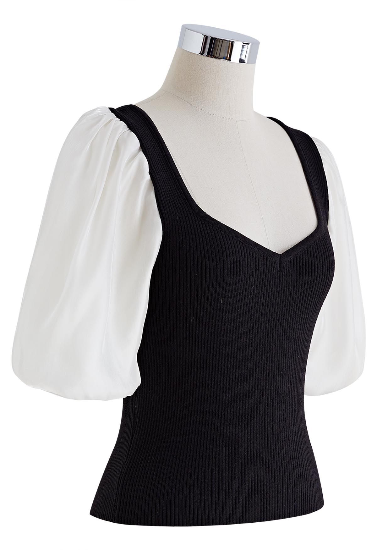 Bowknot Cutout Back Spliced Knit Top in Black