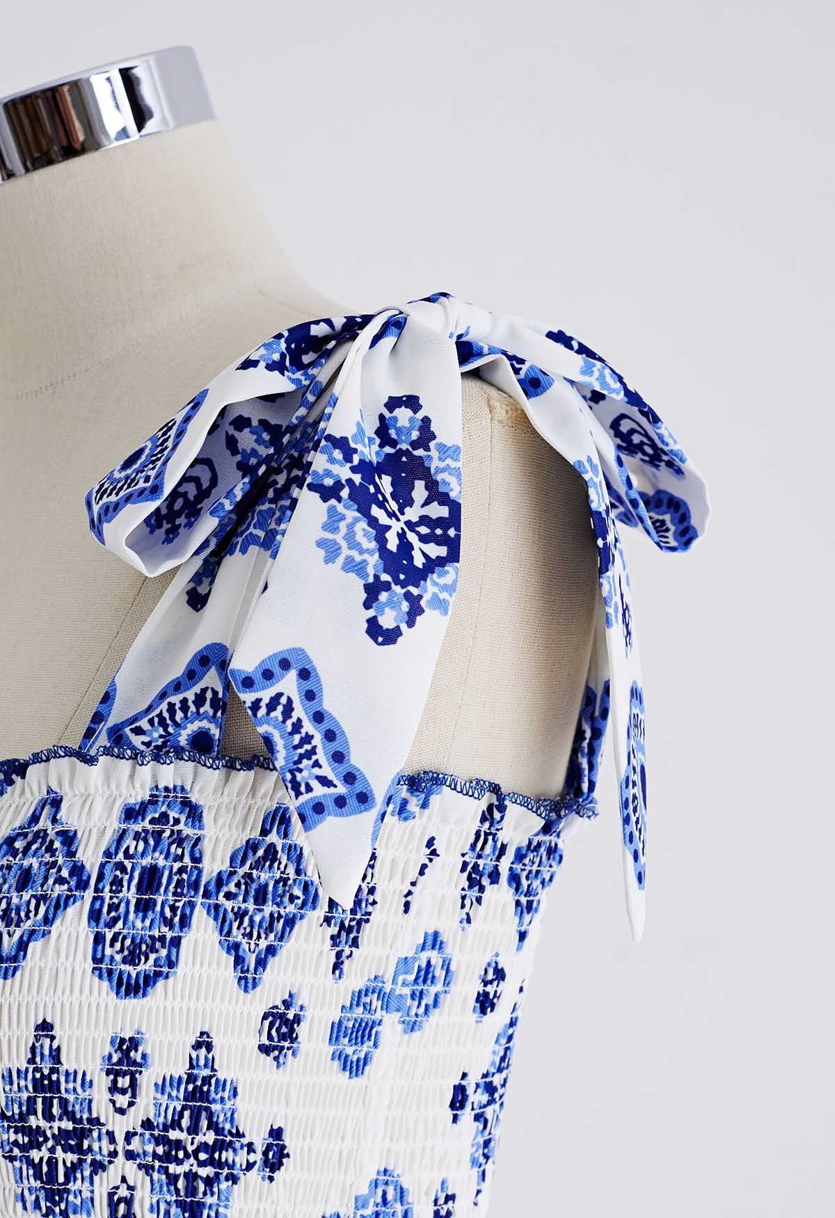 Blue Tiles Printed Tie-Strap Maxi Dress
