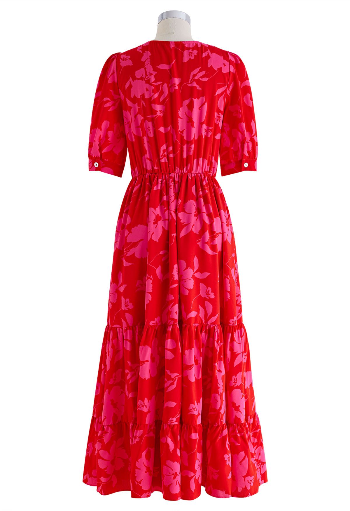 Red Floral Frilling Wrapped Dress