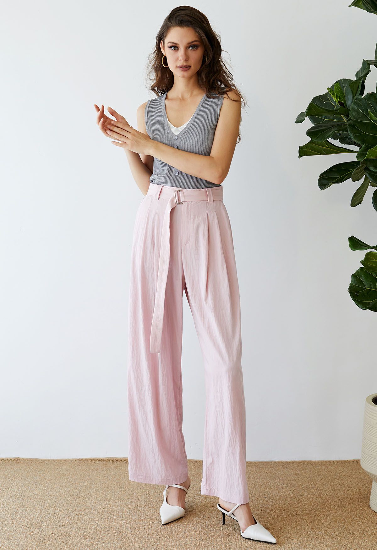 Drape Belt Side Pocket Straight-Leg Pants in Pink