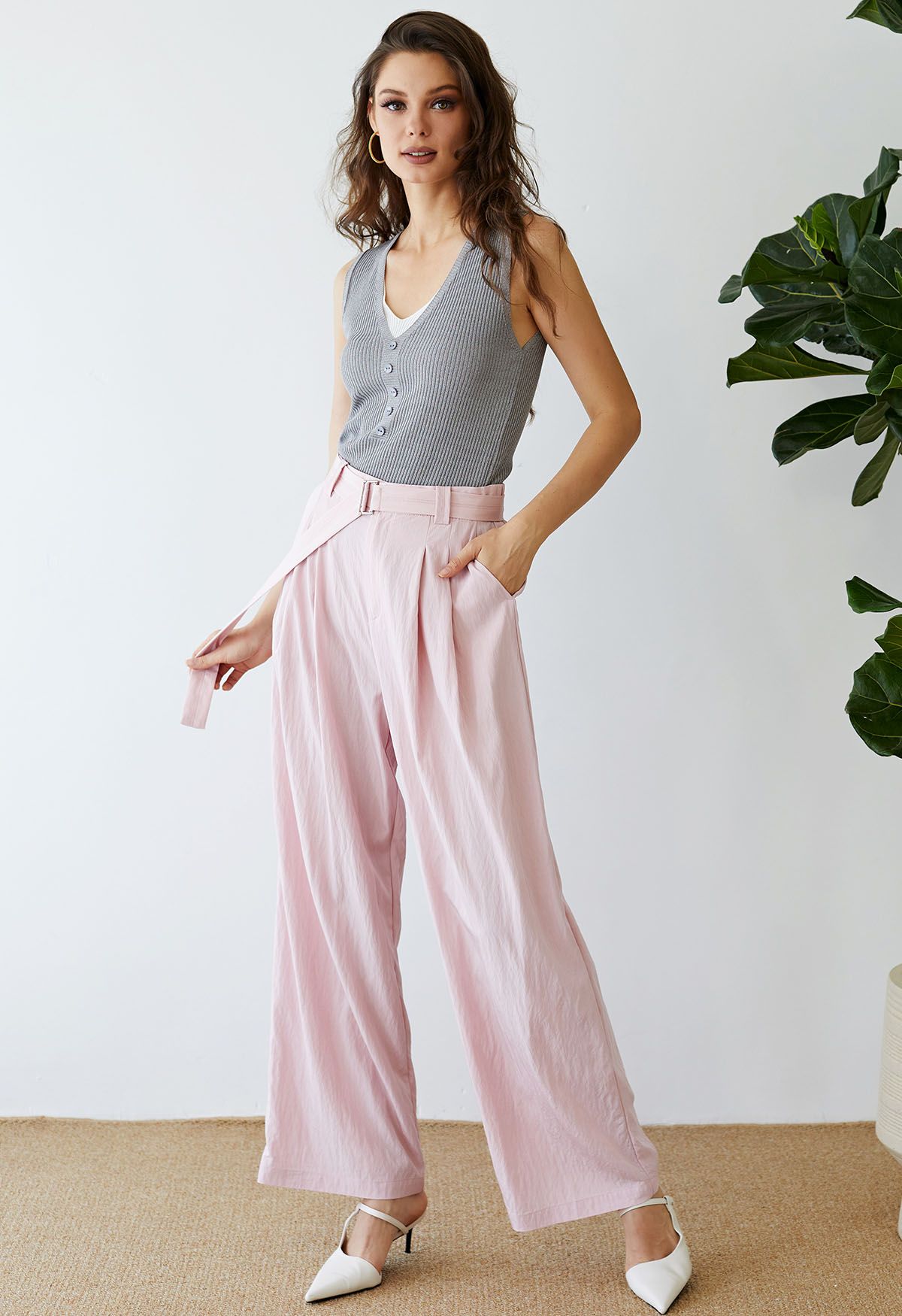 Drape Belt Side Pocket Straight-Leg Pants in Pink