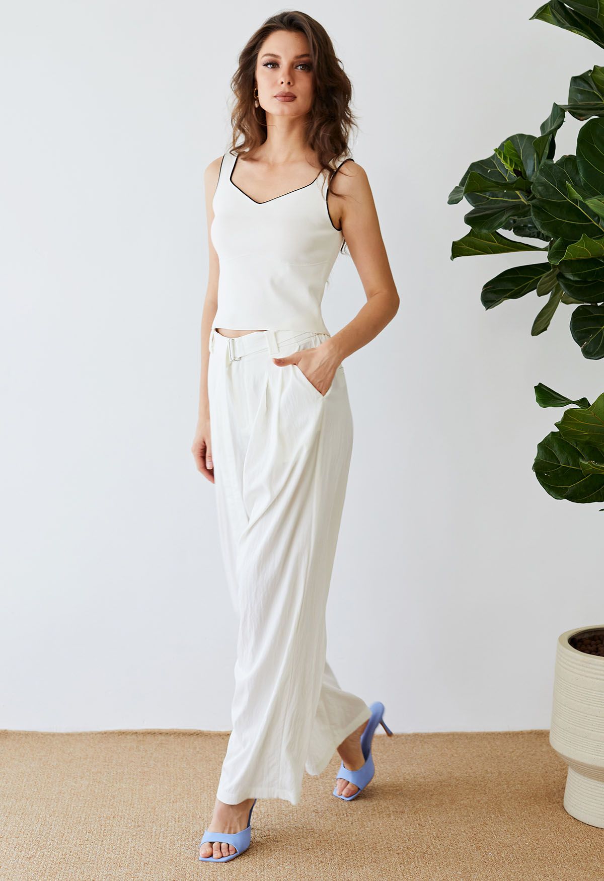 Drape Belt Side Pocket Straight-Leg Pants in White