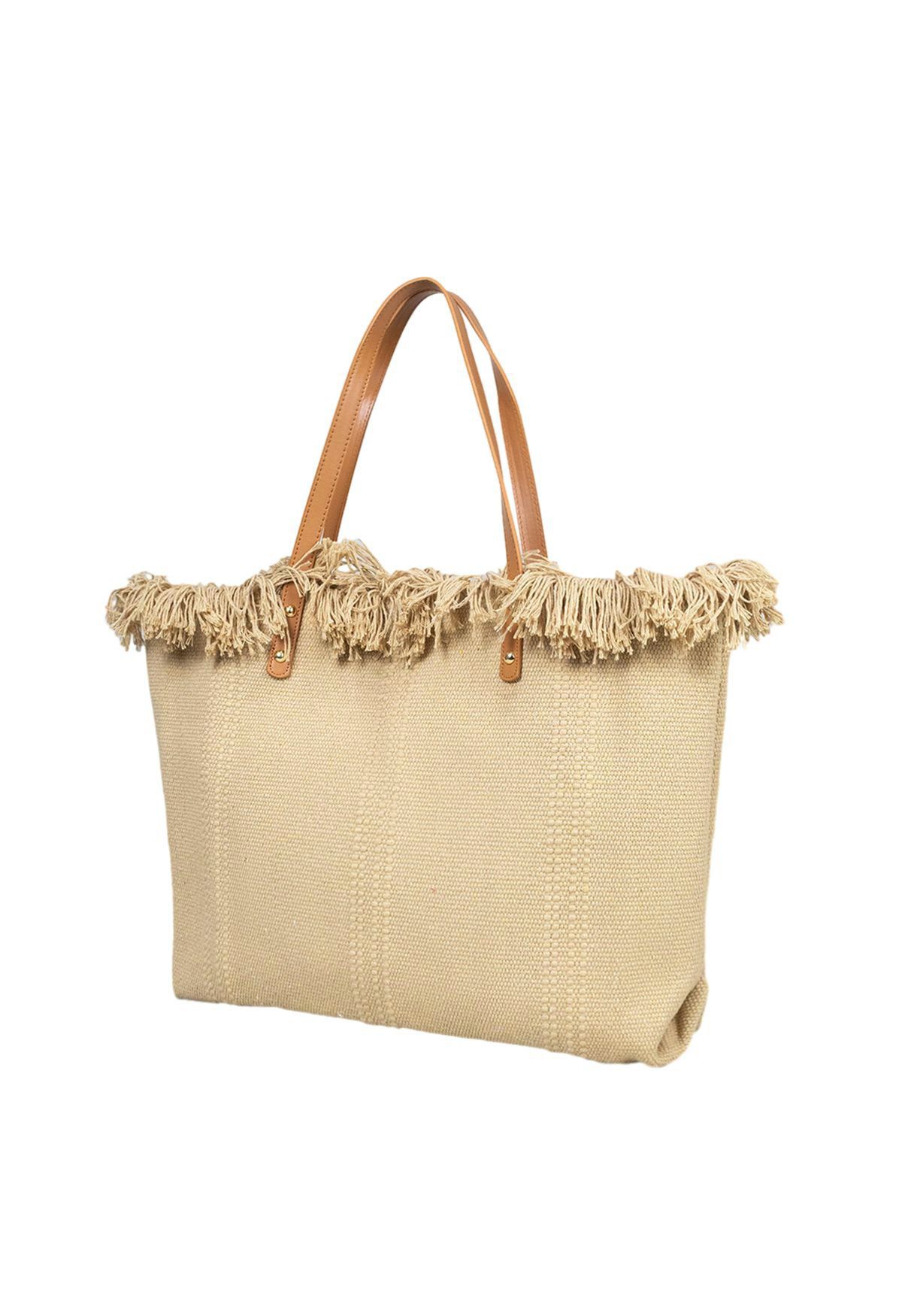 Tassel Trim Canvas Tote Bag in Khaki