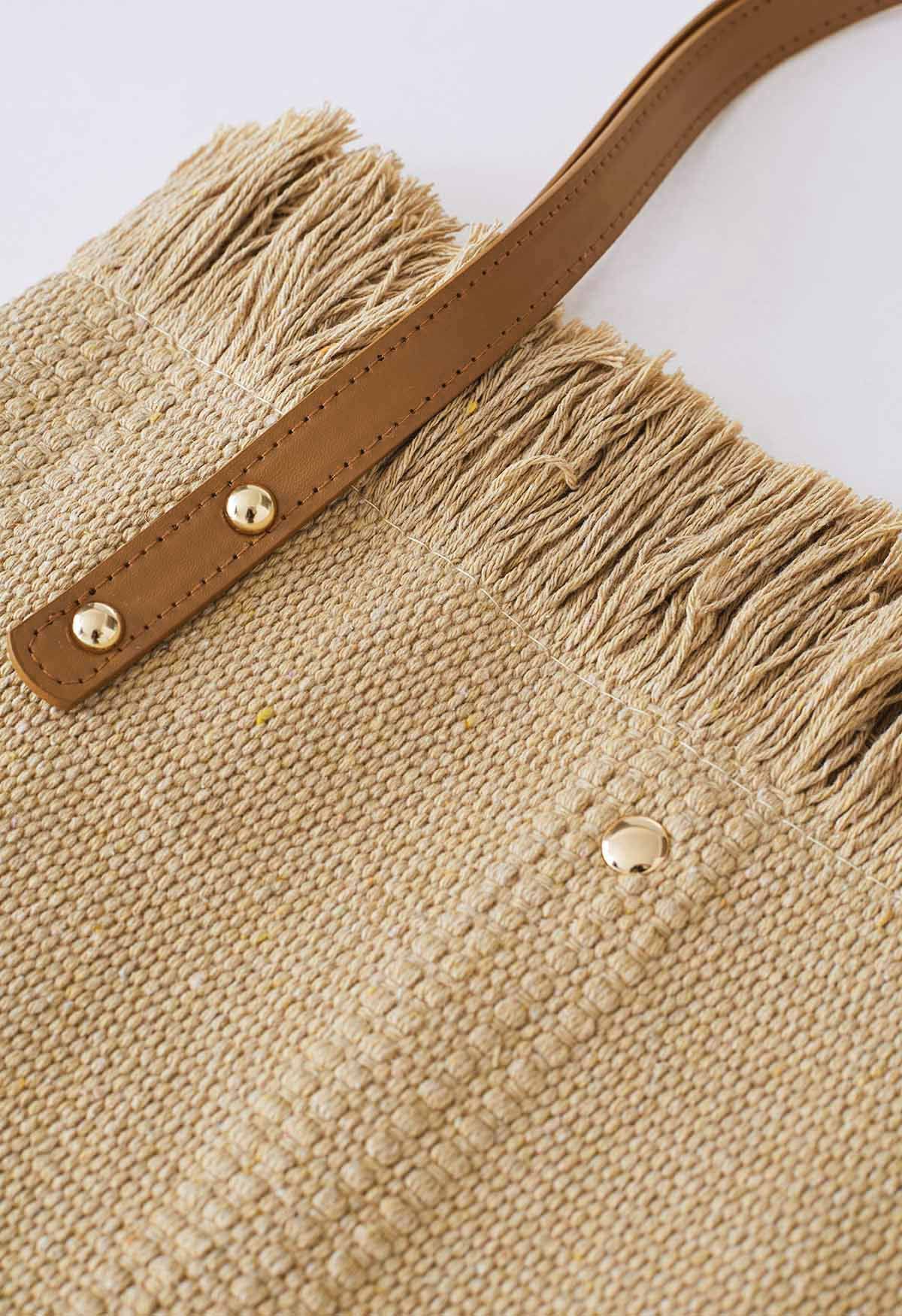 Tassel Trim Canvas Tote Bag in Khaki