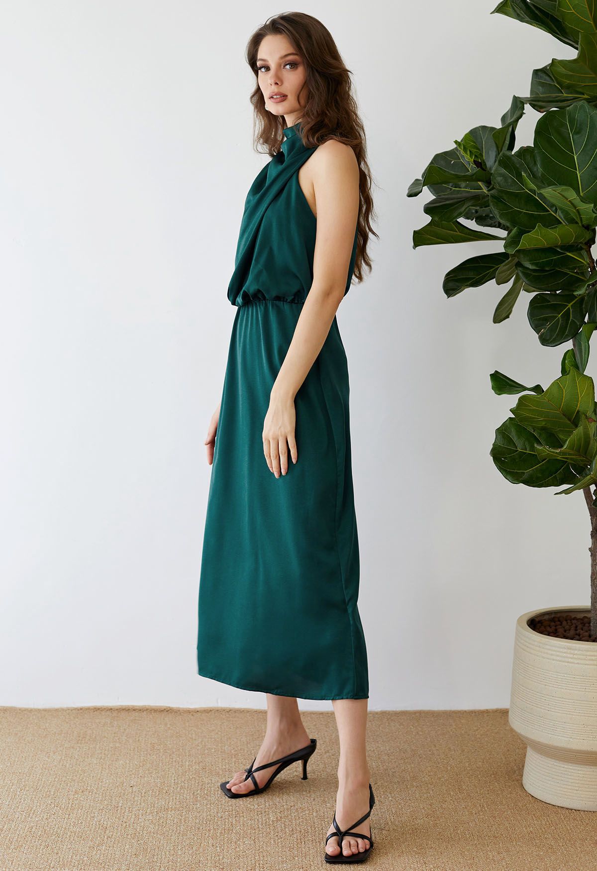 Asymmetric Ruched Neckline Sleeveless Dress in Dark Green