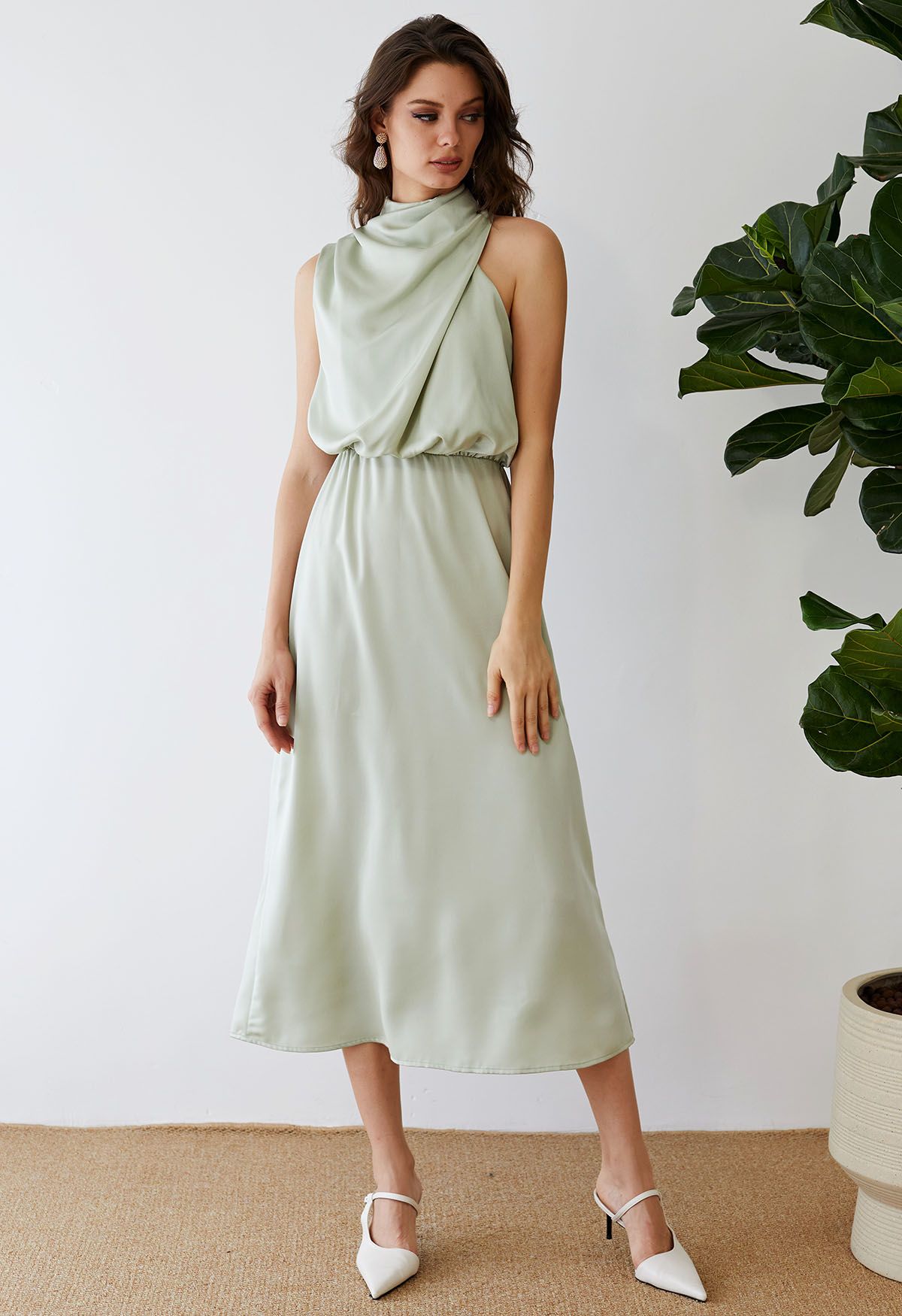 Asymmetric Ruched Neckline Sleeveless Dress in Pistachio