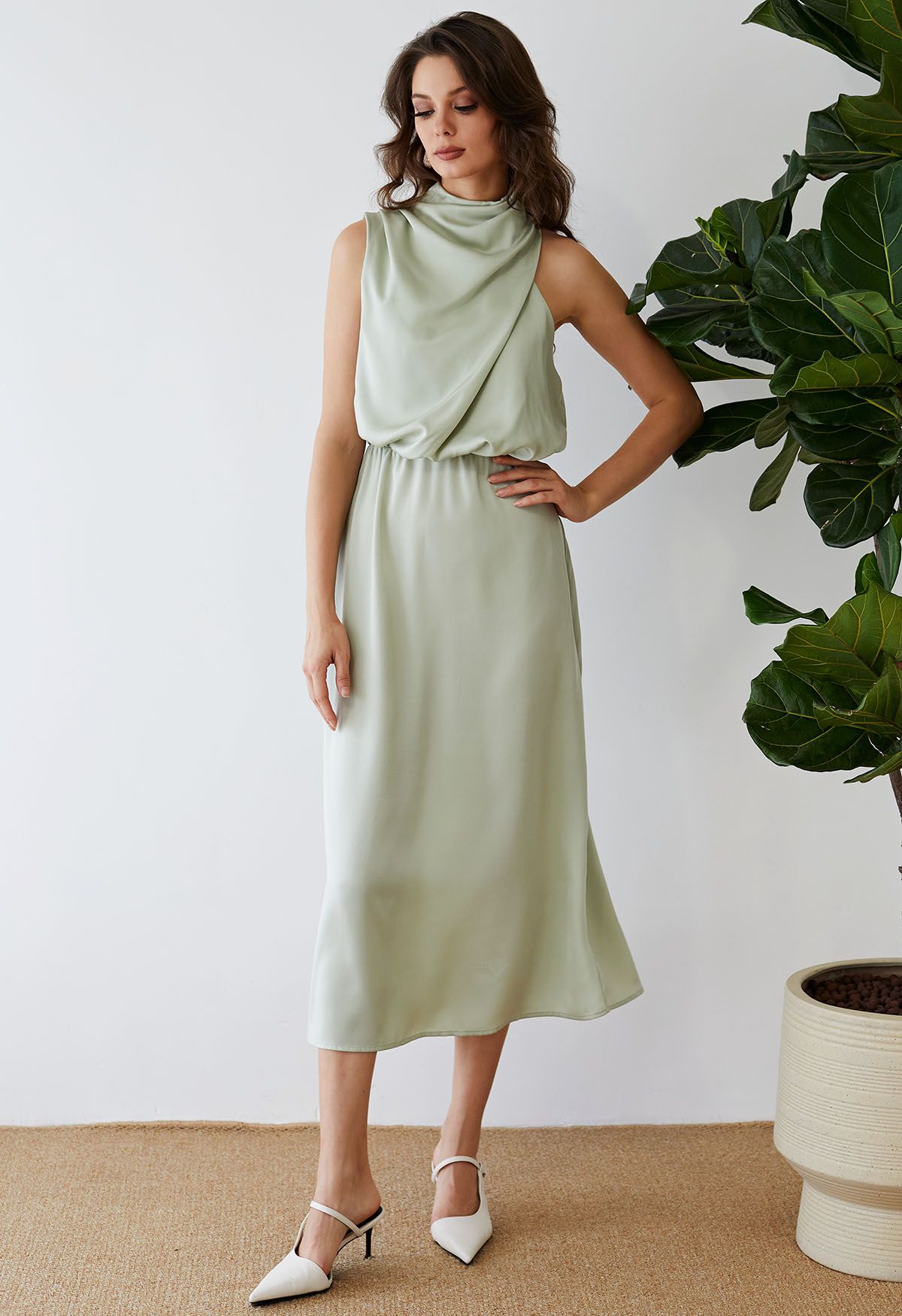 Asymmetric Ruched Neckline Sleeveless Dress in Pistachio