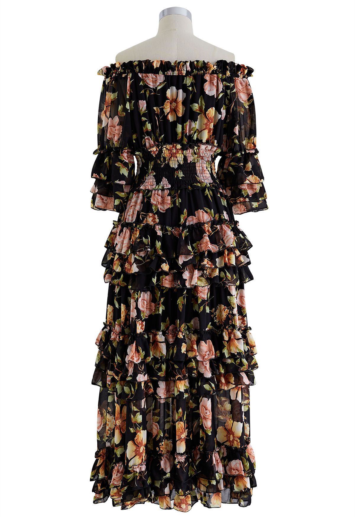 Tiered Ruffle Floral Off-Shoulder Chiffon Maxi Dress in Black