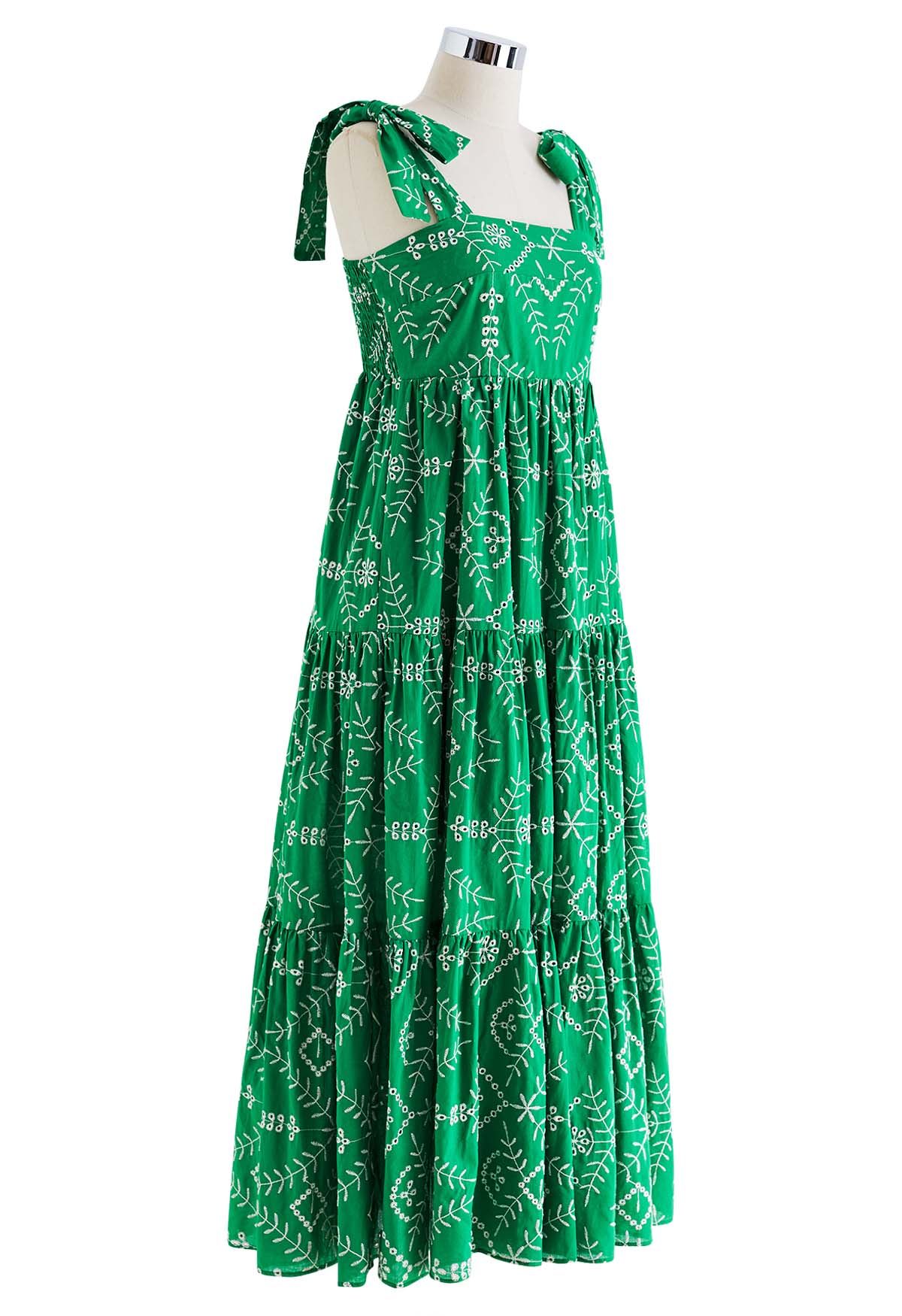 Green Eyelet Embroidered Tie-Strap Maxi Dress