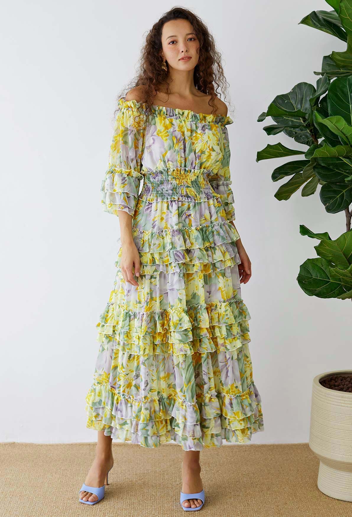 Tiered Ruffle Floral Off-Shoulder Chiffon Maxi Dress in Yellow
