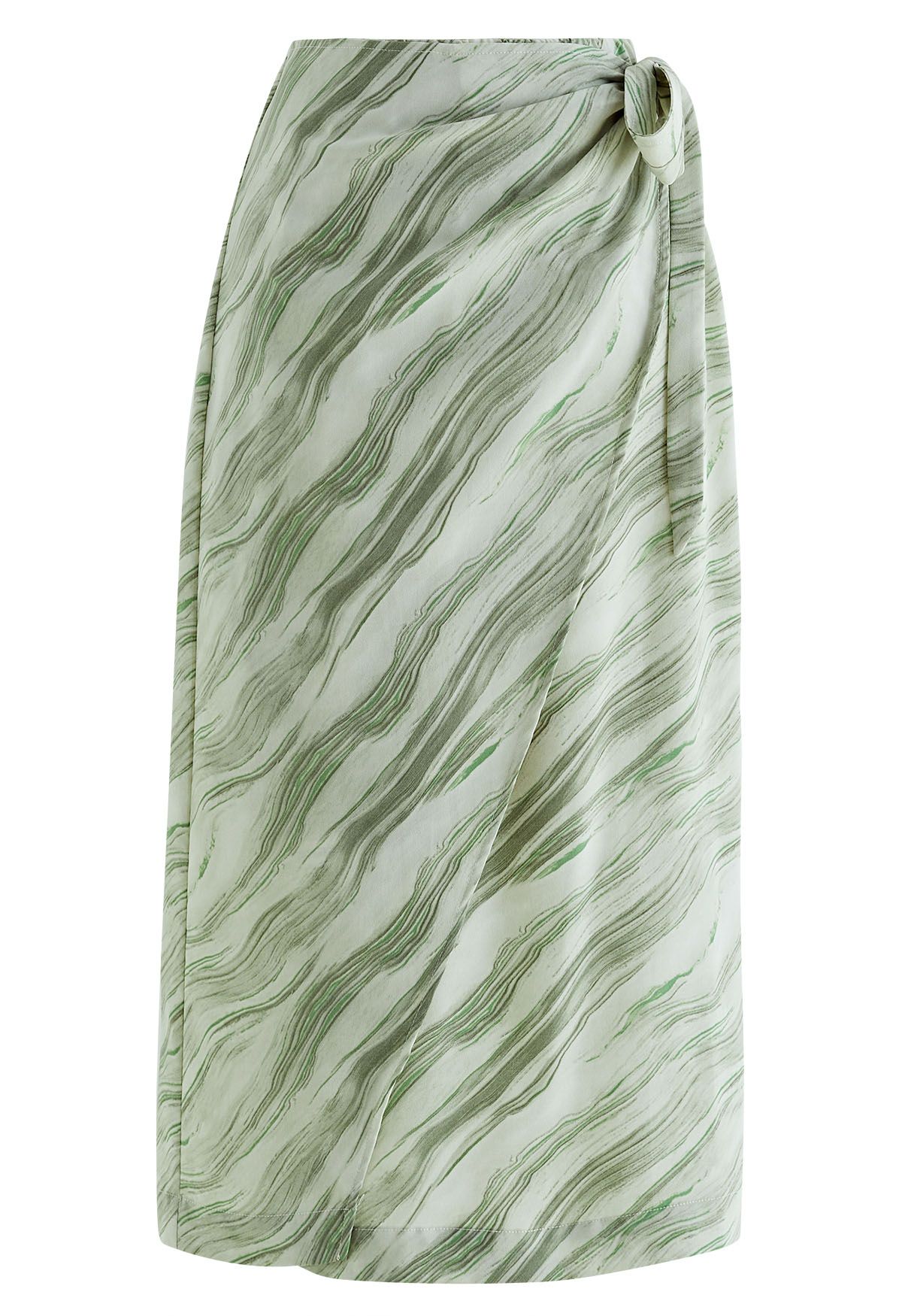 Marble Print Tie Waist Flap Midi Skirt in Green