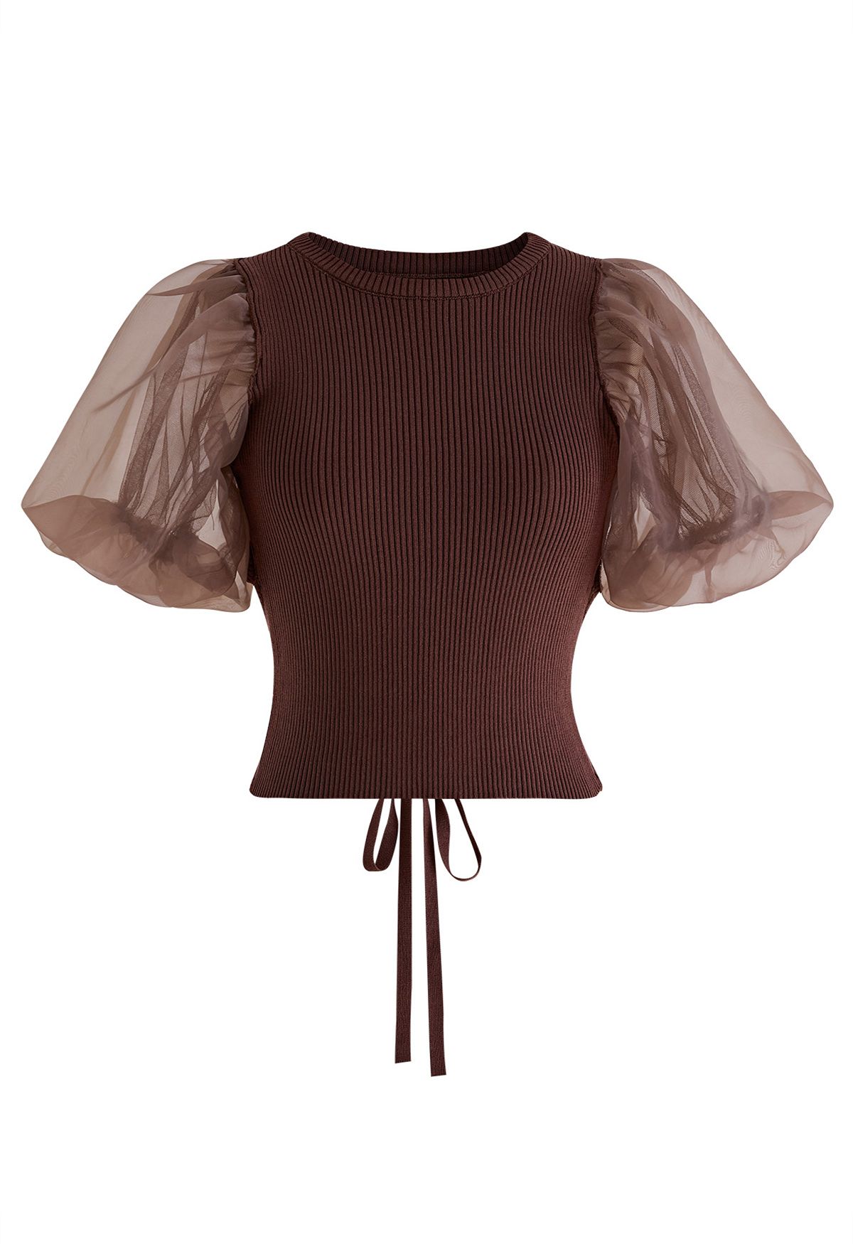 Open Back Bubble Sleeve Spliced Knit Top in Brown