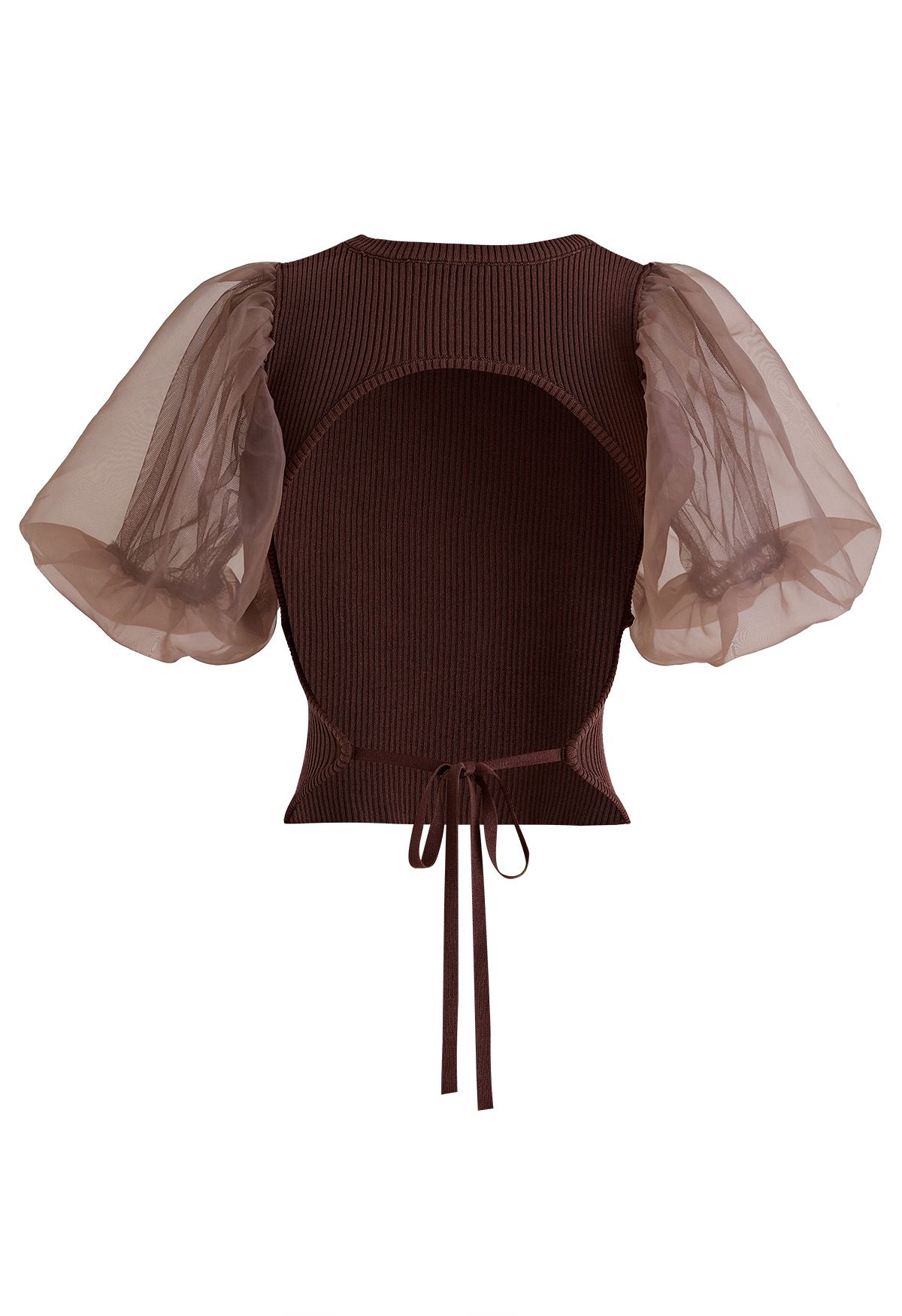 Open Back Bubble Sleeve Spliced Knit Top in Brown