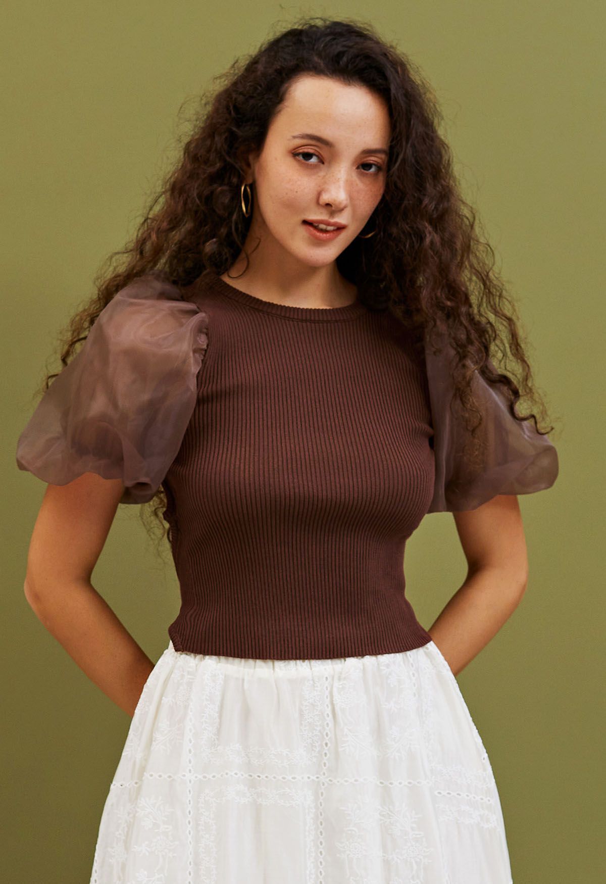 Open Back Bubble Sleeve Spliced Knit Top in Brown