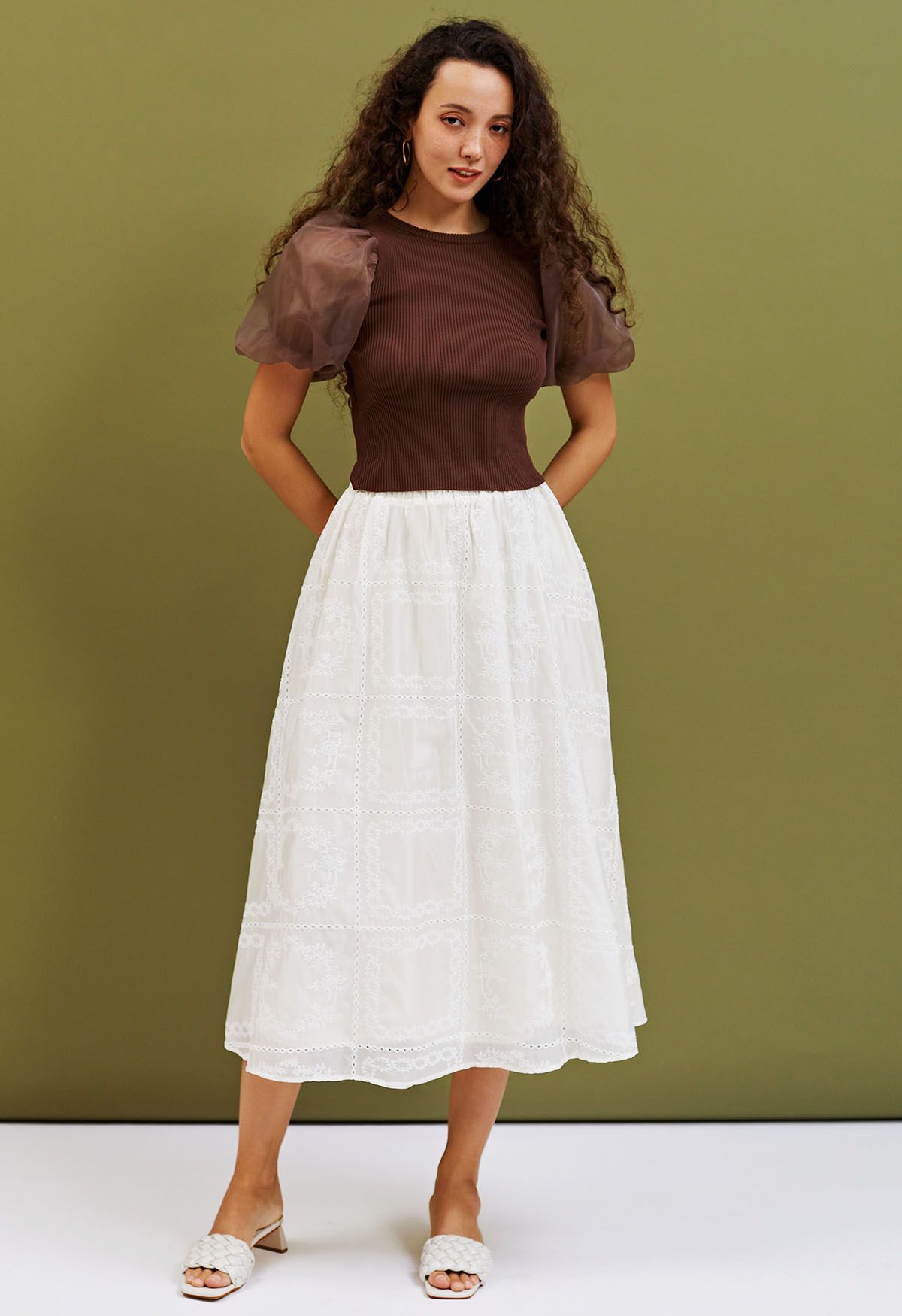 Branch Embroidery Checked Maxi Skirt in Cream