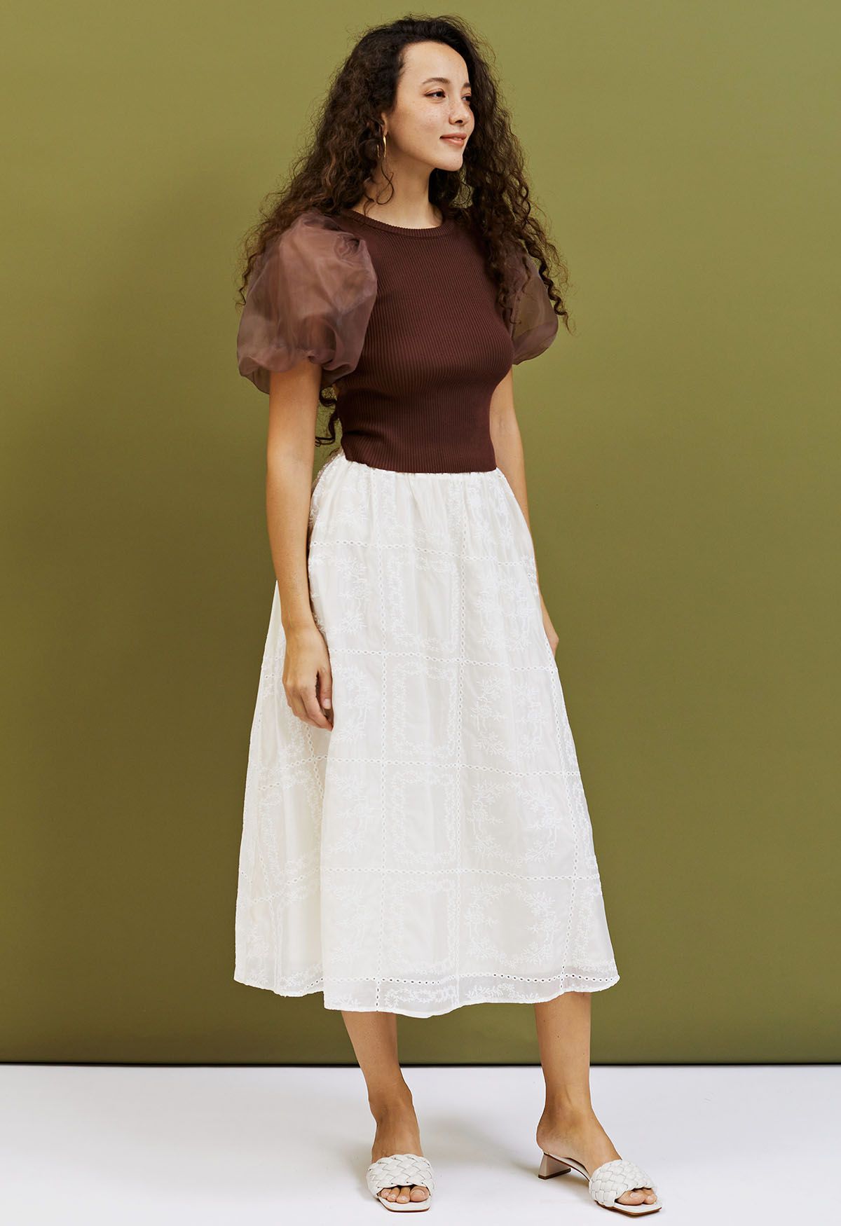 Branch Embroidery Checked Maxi Skirt in Cream