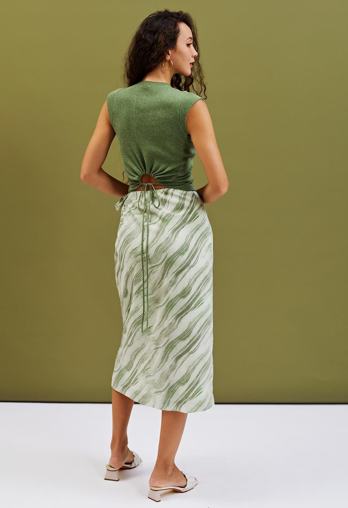 Marble Print Tie Waist Flap Midi Skirt in Green