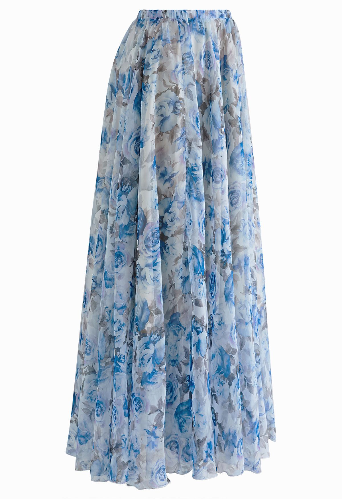Blue Rose Printed Chiffon Maxi Skirt