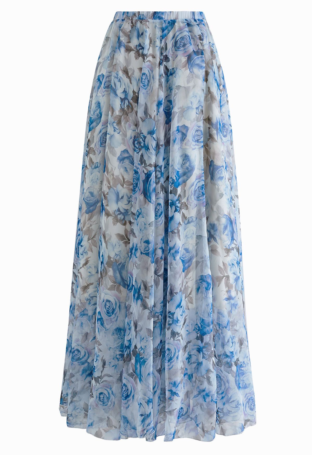 Blue Rose Printed Chiffon Maxi Skirt