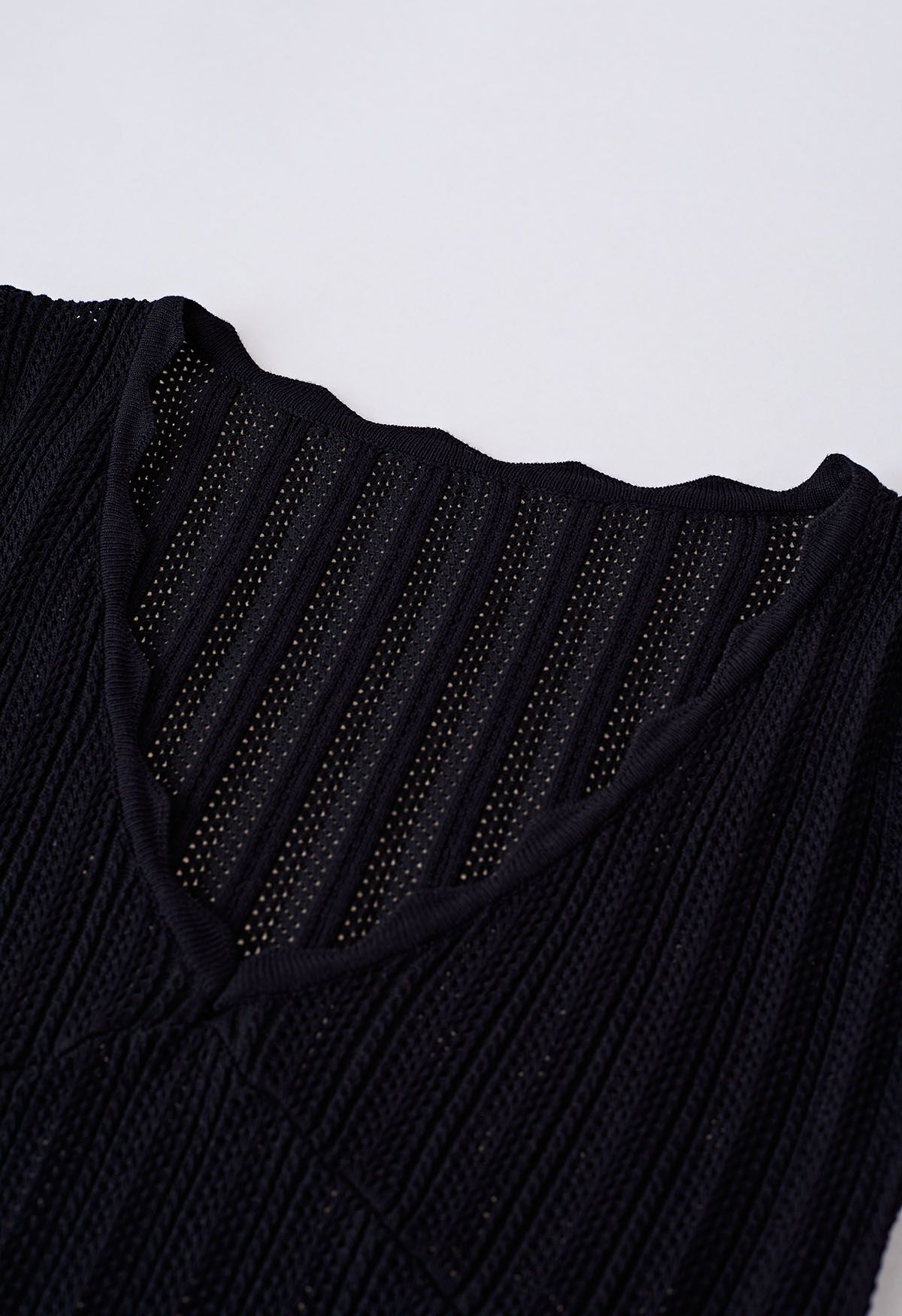 Scallop Edge Pointelle Short-Sleeve Crop Top in Black