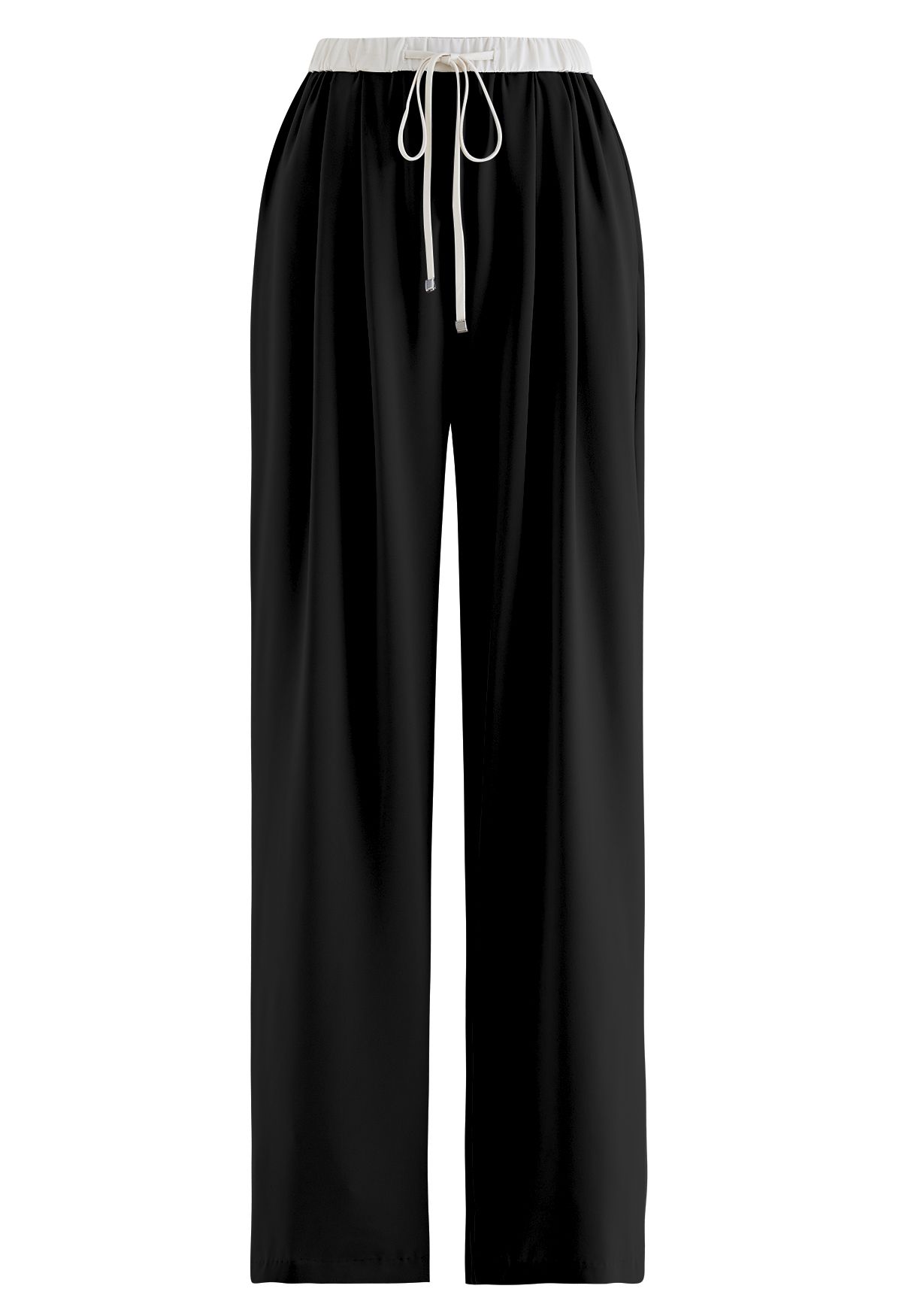 Contrast Waist Satin Pleated Straight-Leg Pants in Black