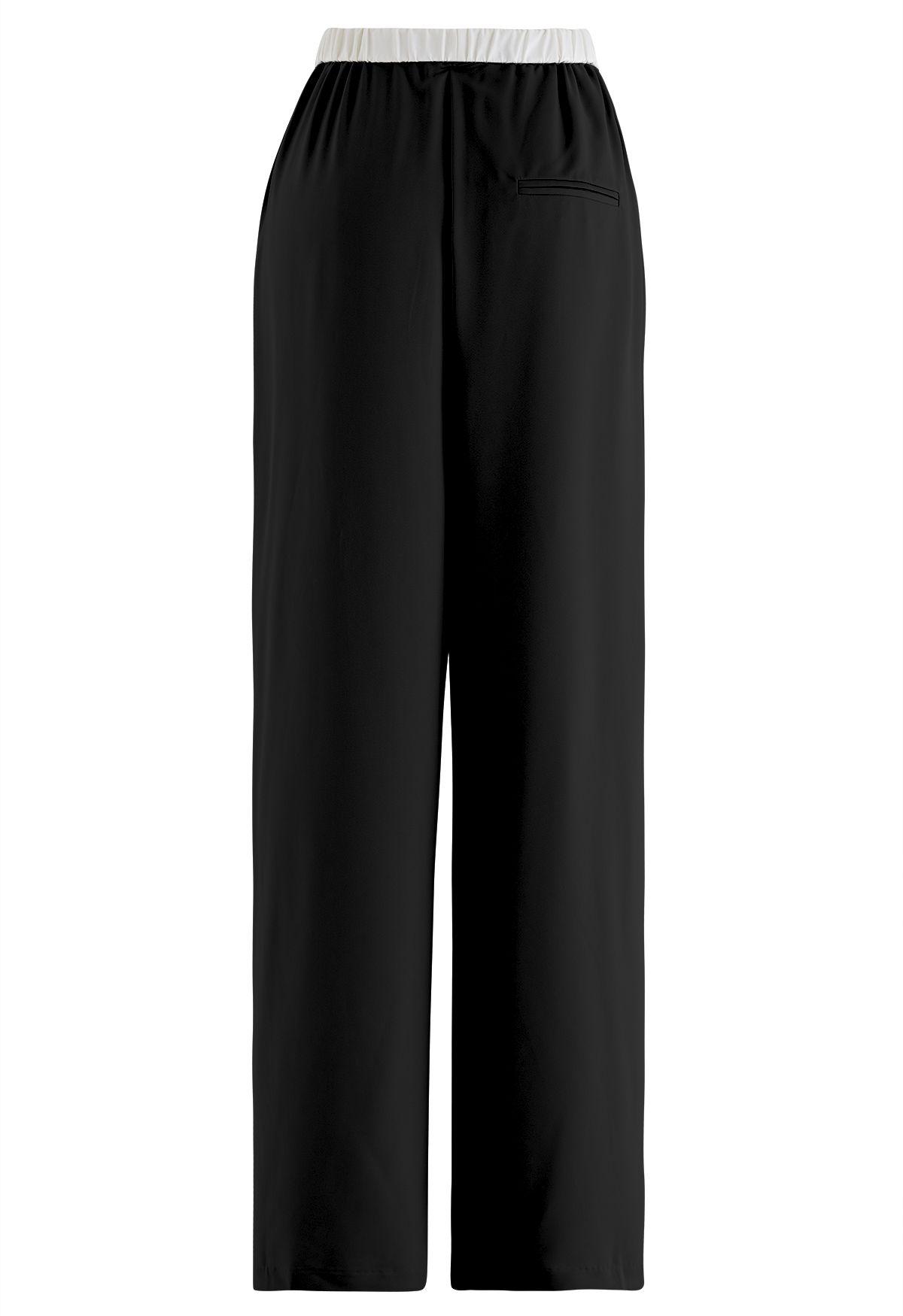 Contrast Waist Satin Pleated Straight-Leg Pants in Black