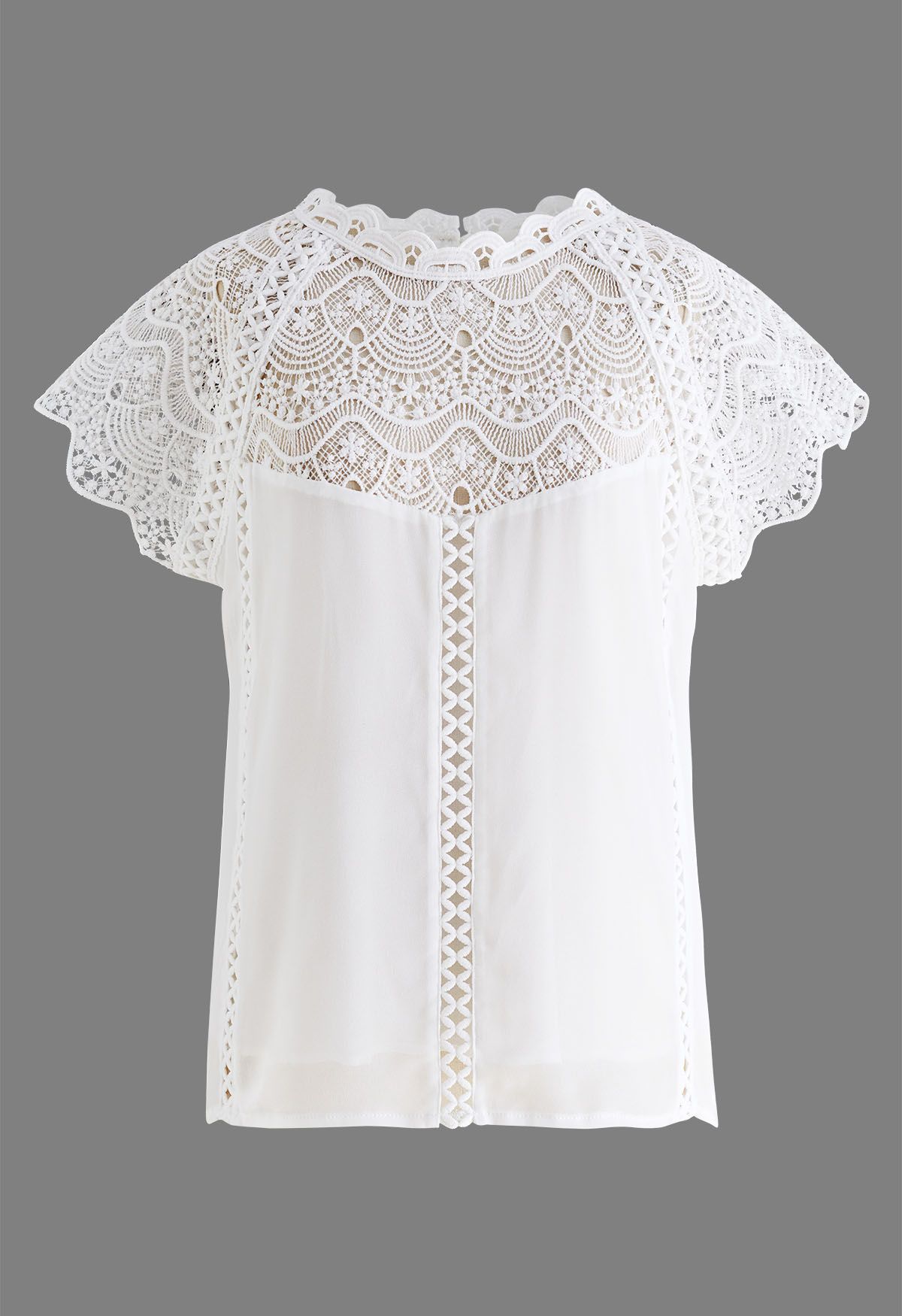 Scallop Lace Panelled Chiffon Top in White