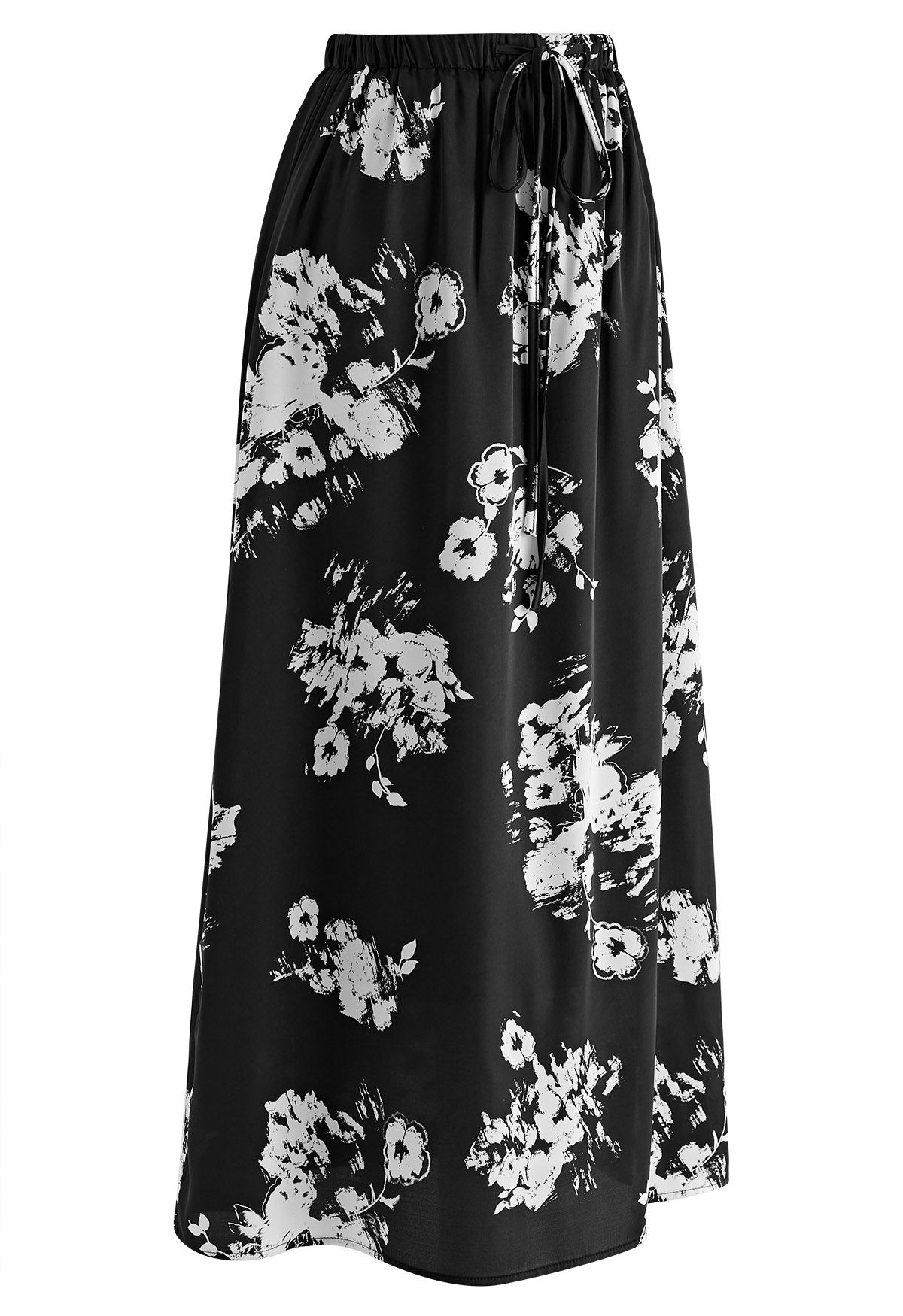 Elastic Drawstring Waist Floral Satin Maxi Skirt