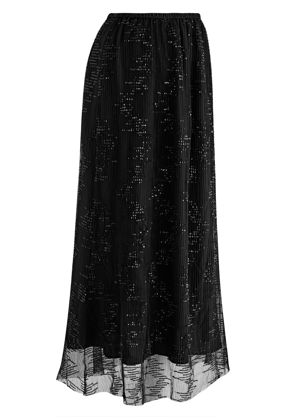 Sequin Embellished Mesh Maxi Skirt in Black