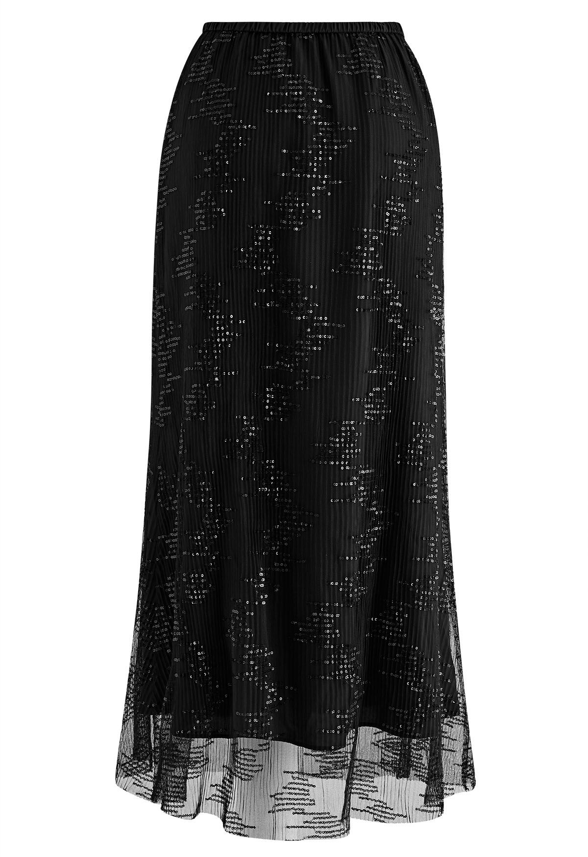 Sequin Embellished Mesh Maxi Skirt in Black