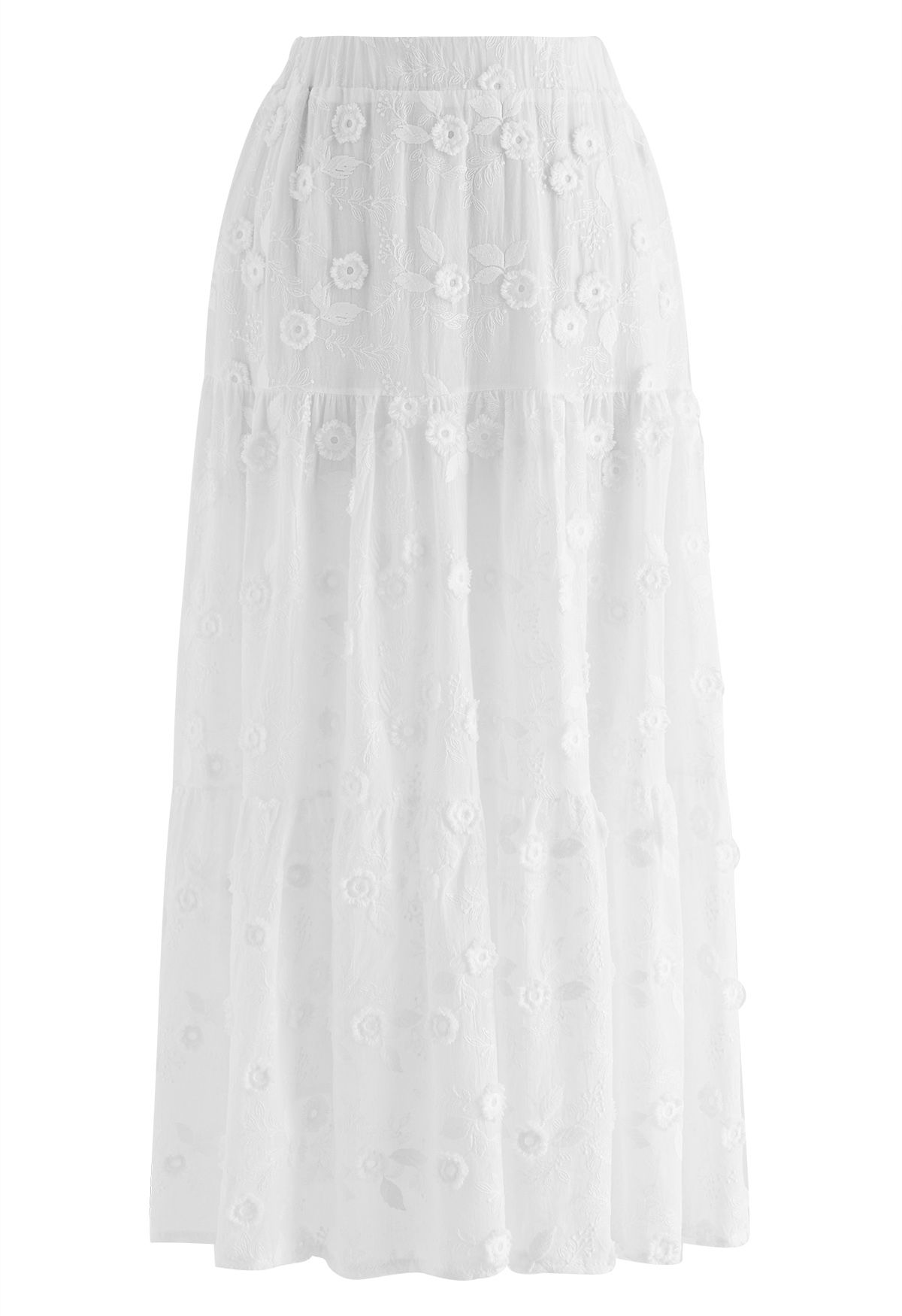 Tasseled Florets Embroidered Midi Skirt in White