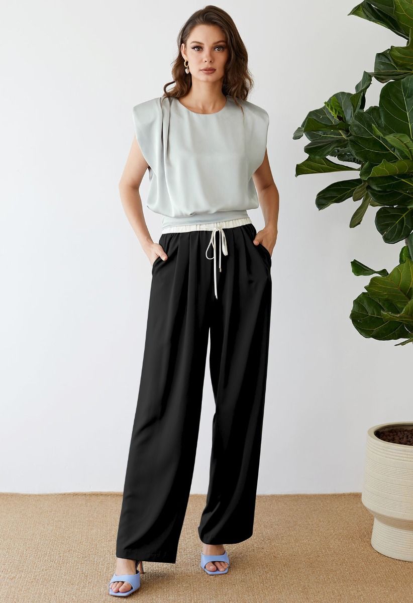 Contrast Waist Satin Pleated Straight-Leg Pants in Black