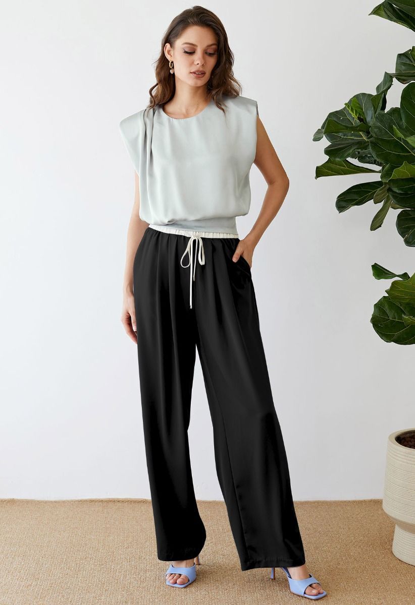 Contrast Waist Satin Pleated Straight-Leg Pants in Black