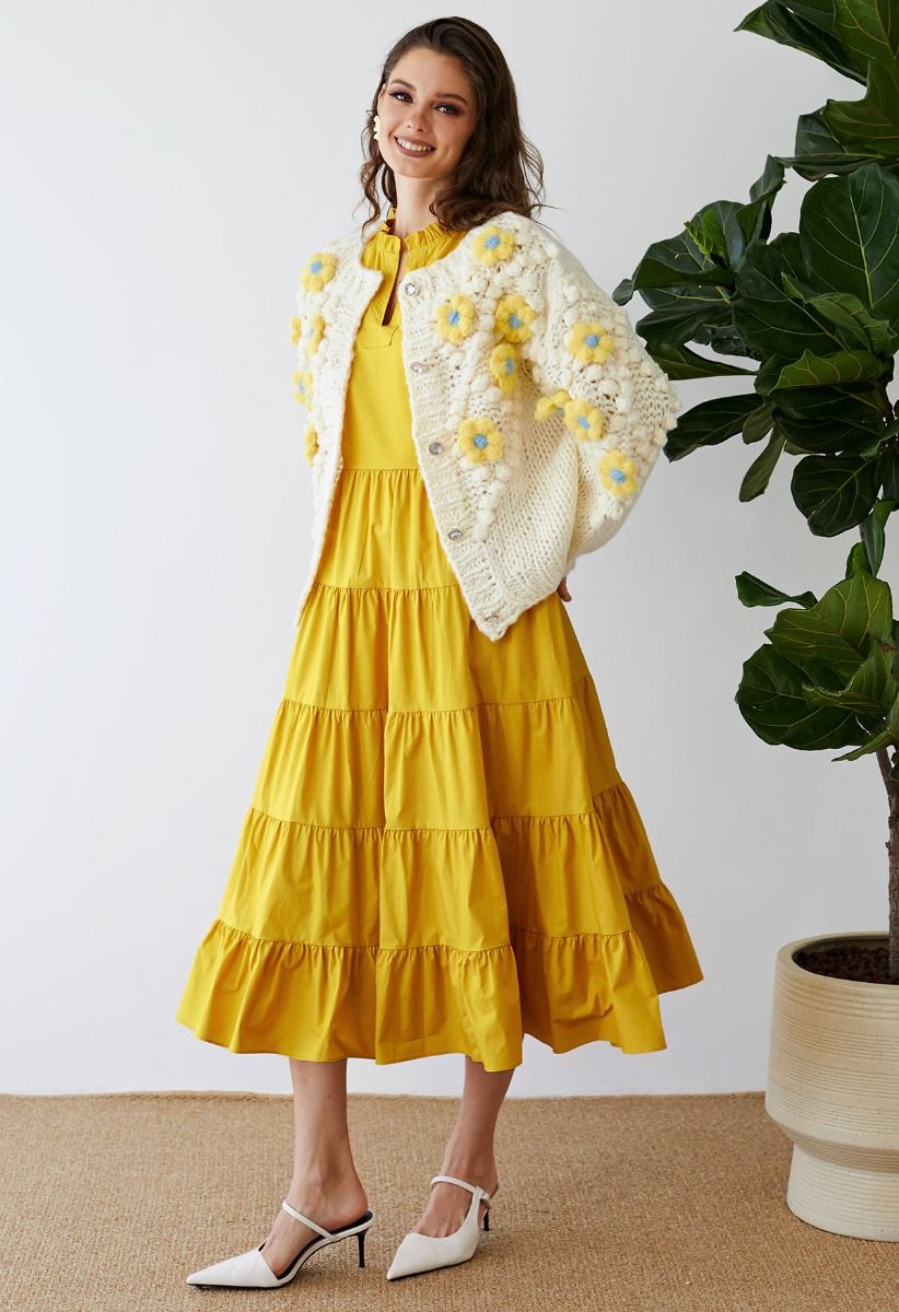 Yellow Stitch Flower Pom-Pom Knit Cardigan